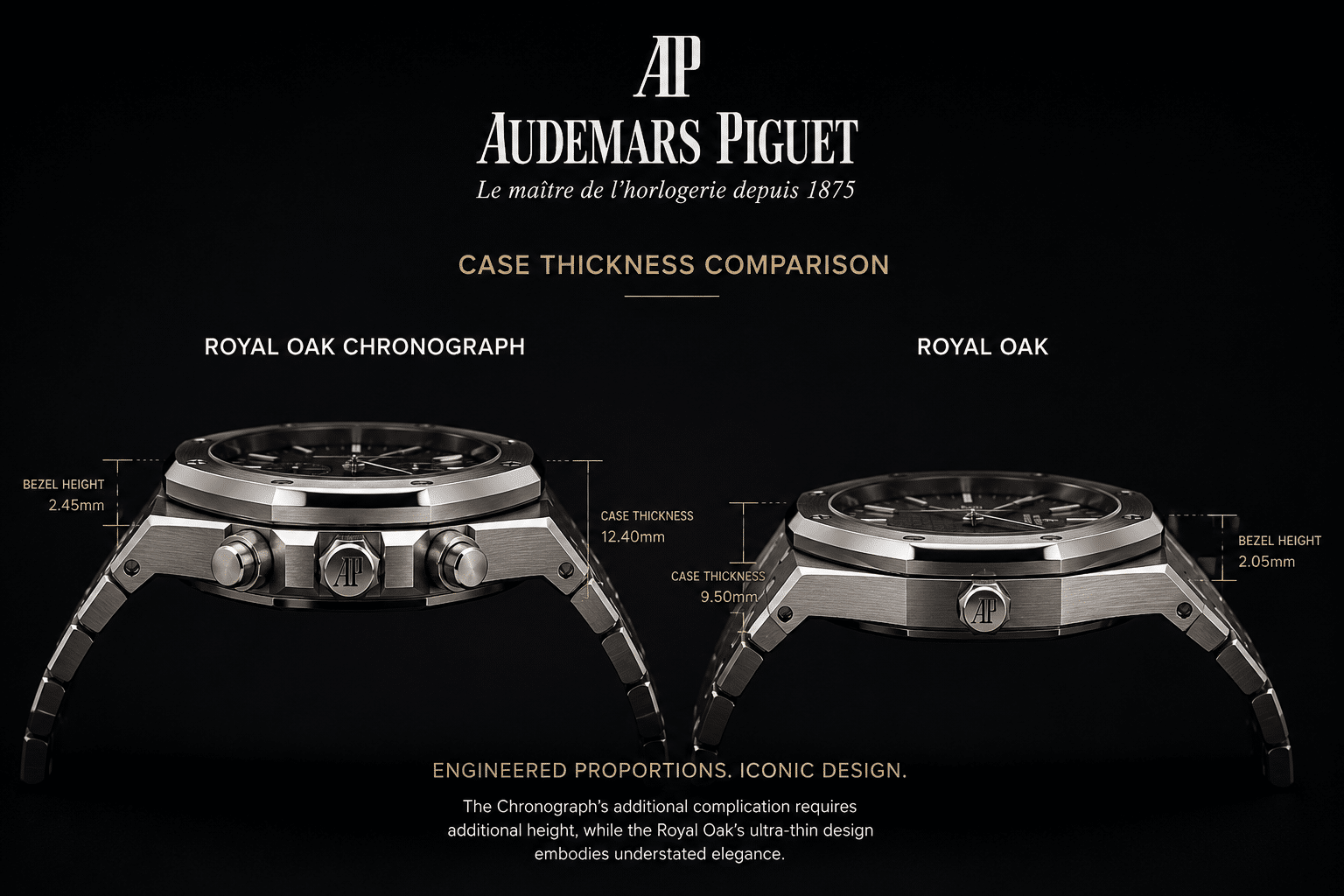 side profile comparison of AP chronograph replica case thickness and simple Royal Oak replica case thickness showing bezel height and bracelet transition