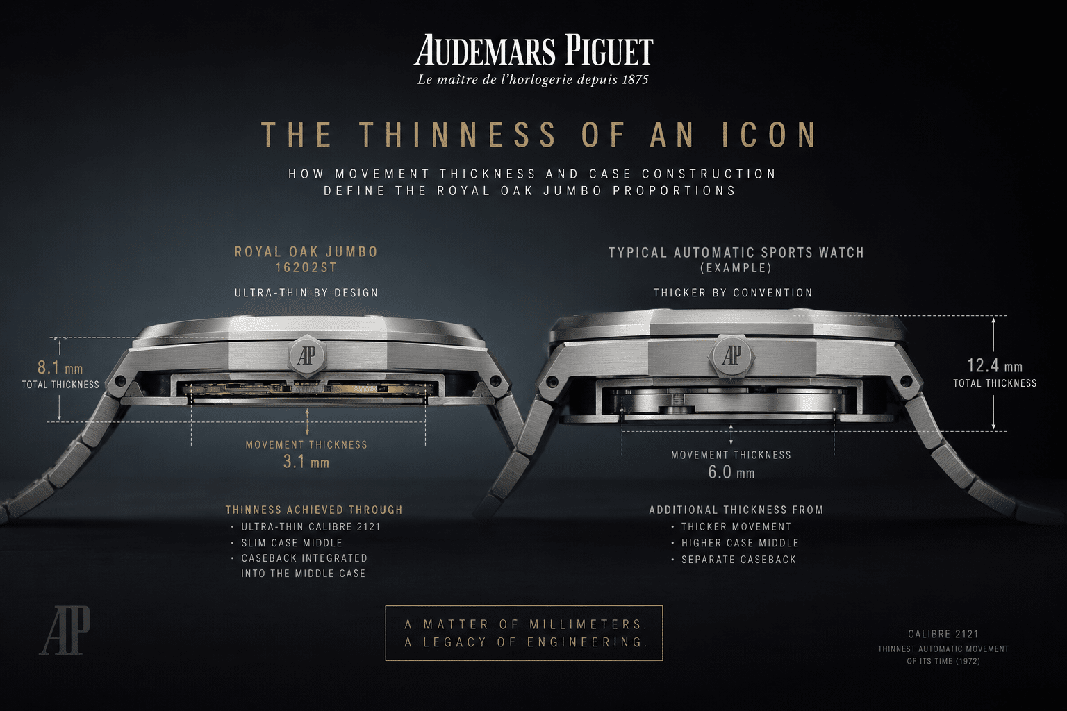 side profile comparison concept showing how ultra-thin Royal Oak Jumbo proportions depend on movement thickness and case construction