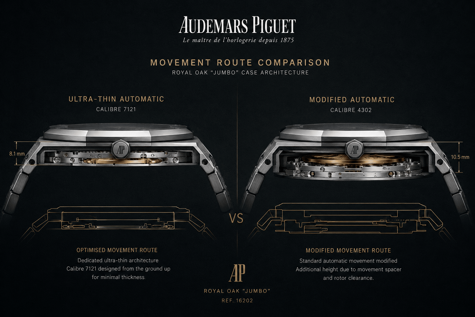 movement-route comparison concept showing an ultra-thin automatic architecture versus a thicker modified automatic movement inside a Royal Oak Jumbo style case