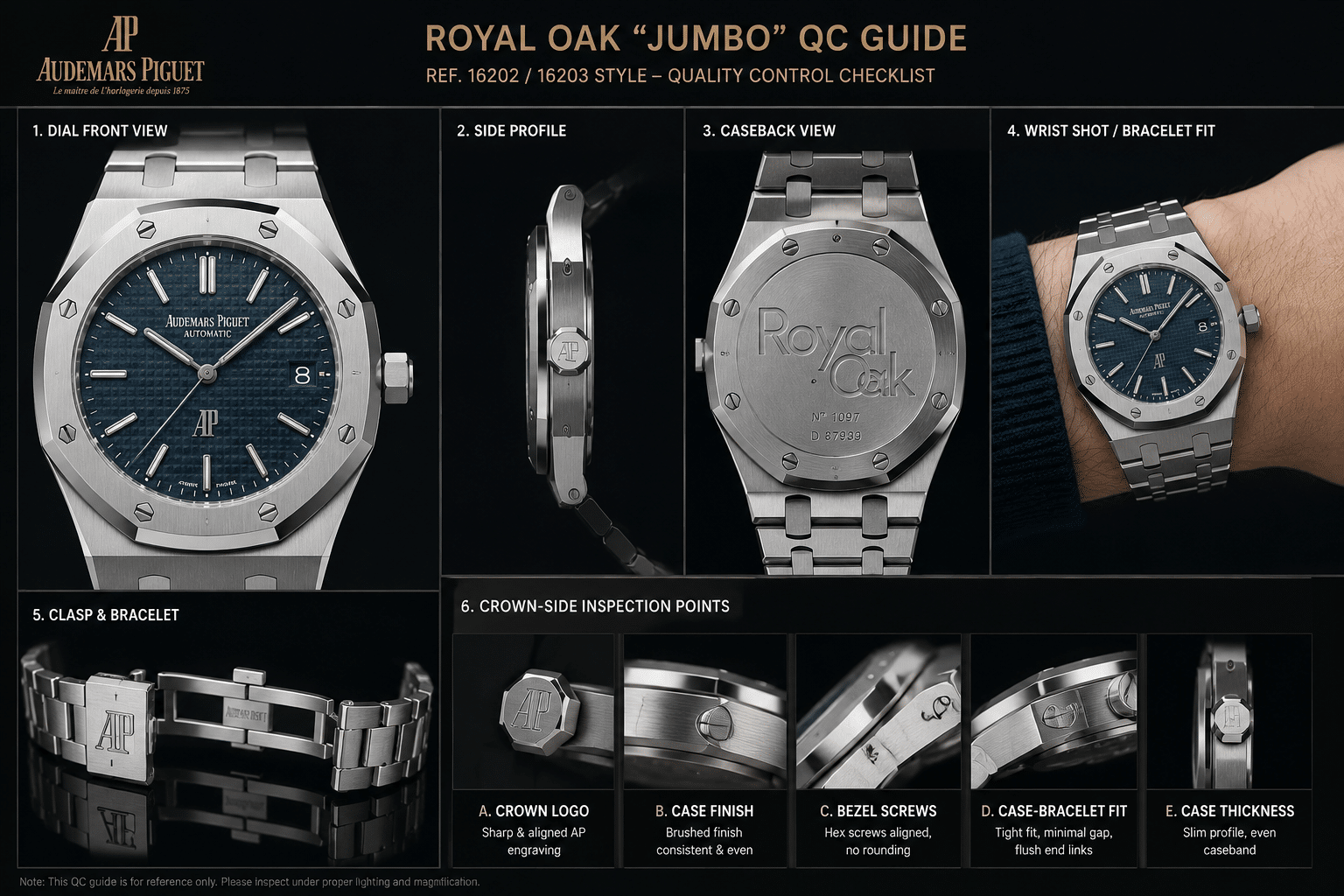 QC photo layout for an AP Royal Oak Jumbo style replica showing front dial, side profile, caseback, bracelet fit, clasp, and crown-side inspection points