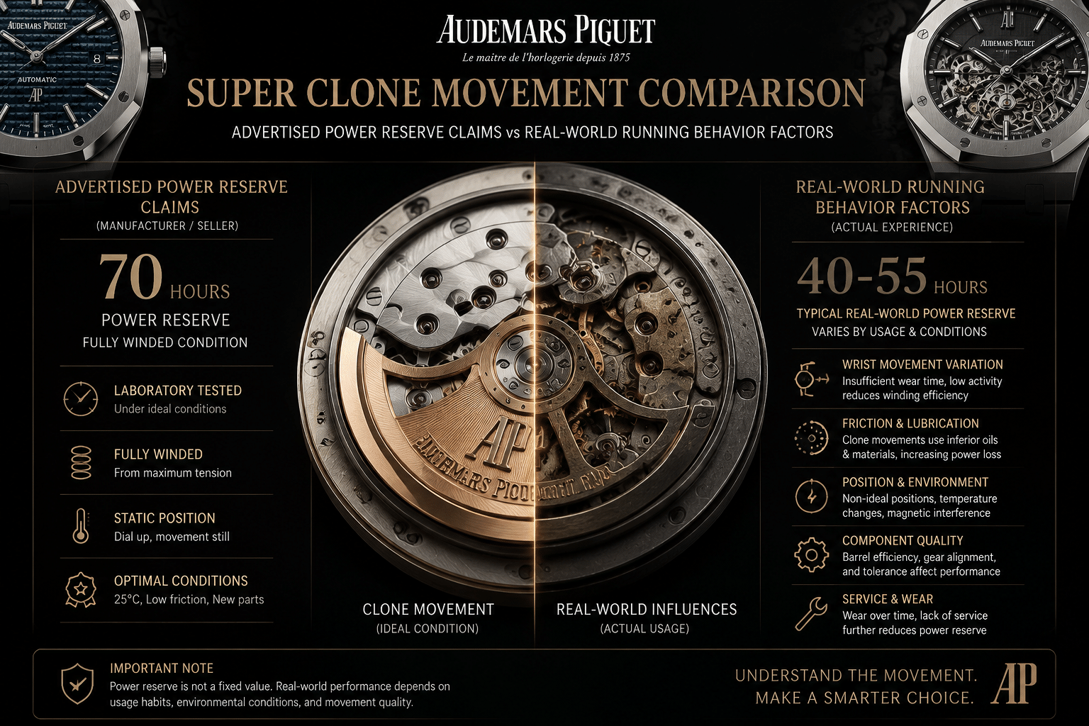 AP-style super clone movement comparison layout showing advertised power reserve claims beside real-world running behavior factors