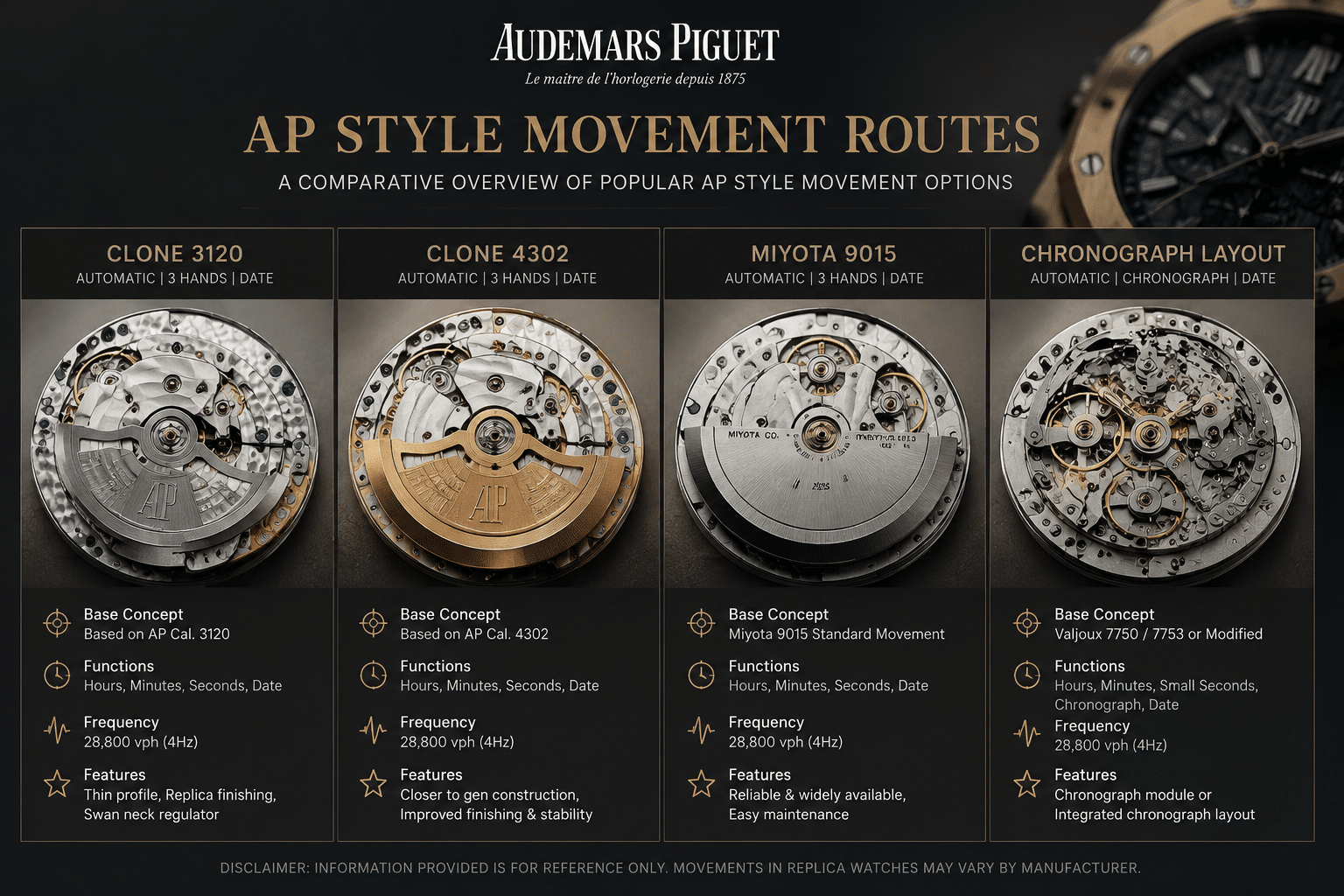 side-by-side overview of AP-style replica movement routes including clone 3120, clone 4302, Miyota 9015-based movement, and chronograph layout