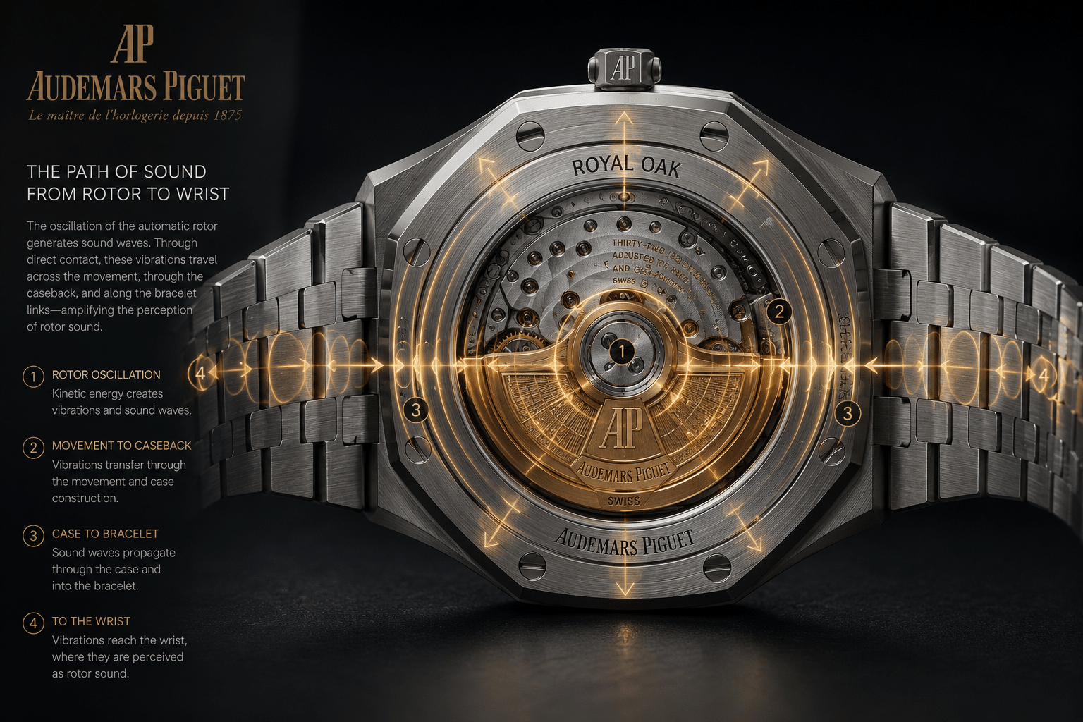 AP replica automatic movement rotor position inside a metal case showing how rotor sound can travel through the caseback and bracelet