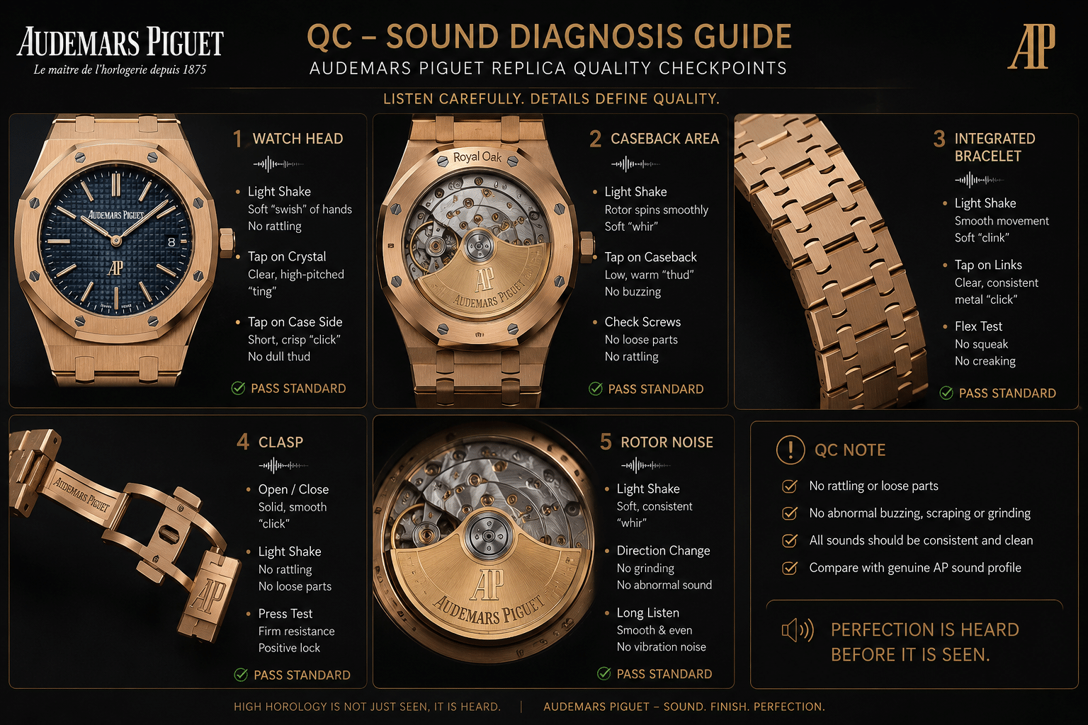 QC-style sound diagnosis layout for an AP replica showing watch head, caseback area, integrated bracelet, clasp, and rotor noise checkpoints