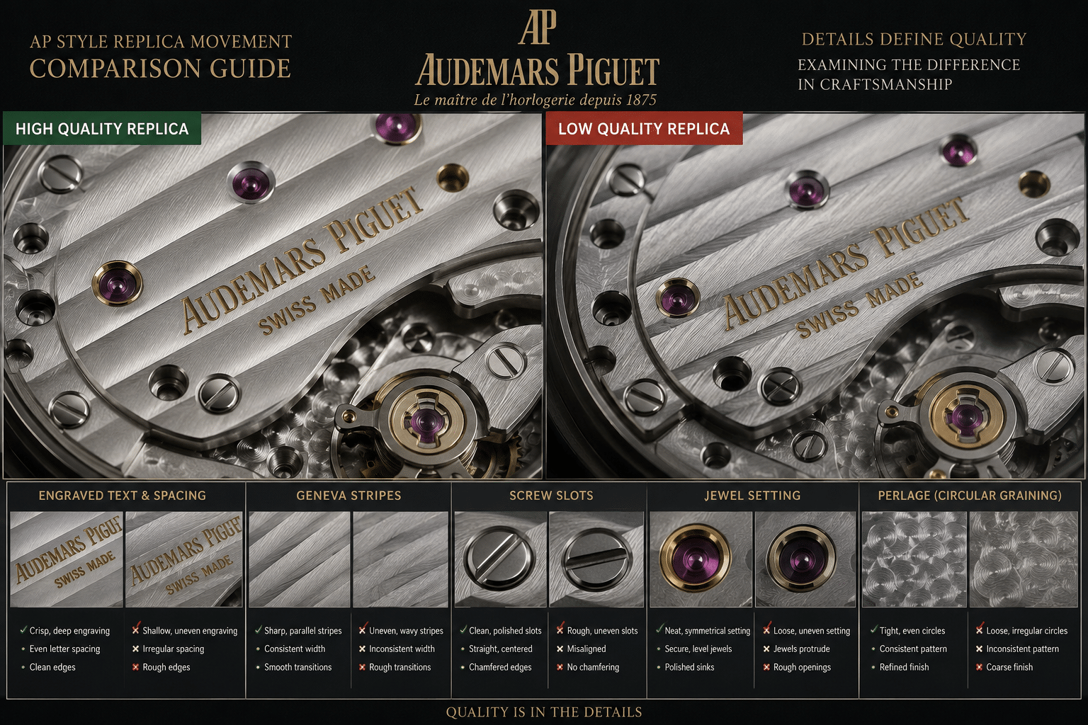 macro comparison of AP-style replica movement finishing showing engraved text spacing, Geneva stripes, screw slots, jewel setting, and perlage texture
