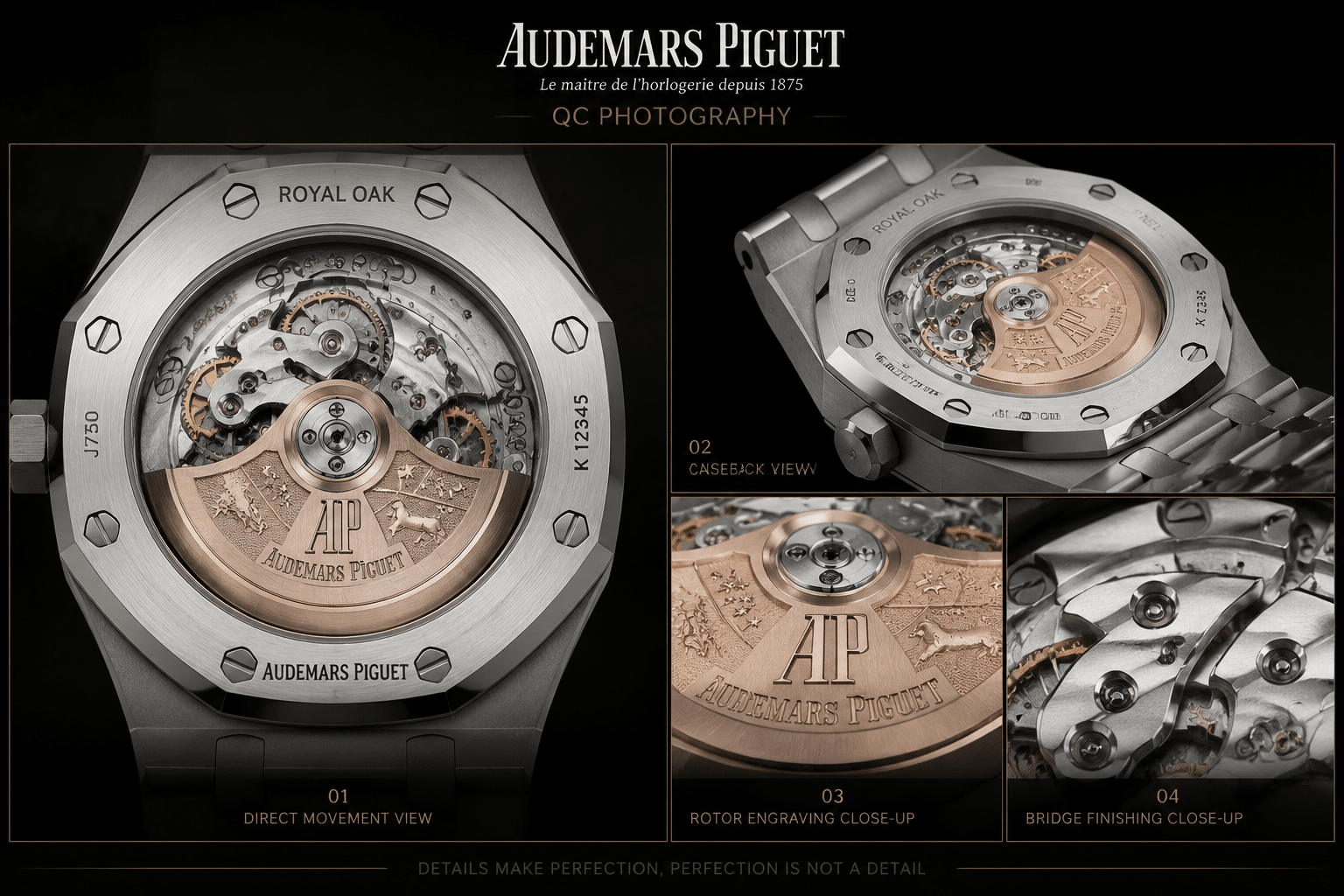 QC photo layout for an AP replica display caseback showing direct movement view, angled caseback view, rotor engraving close-up, and bridge finishing close-up