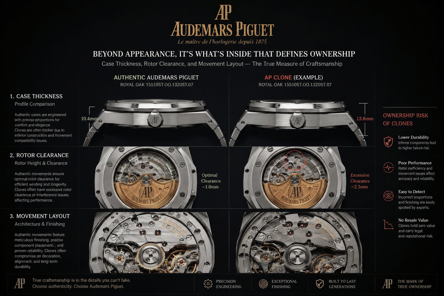 side profile and open-case movement comparison showing how AP clone case thickness, rotor clearance, and movement layout affect ownership risk