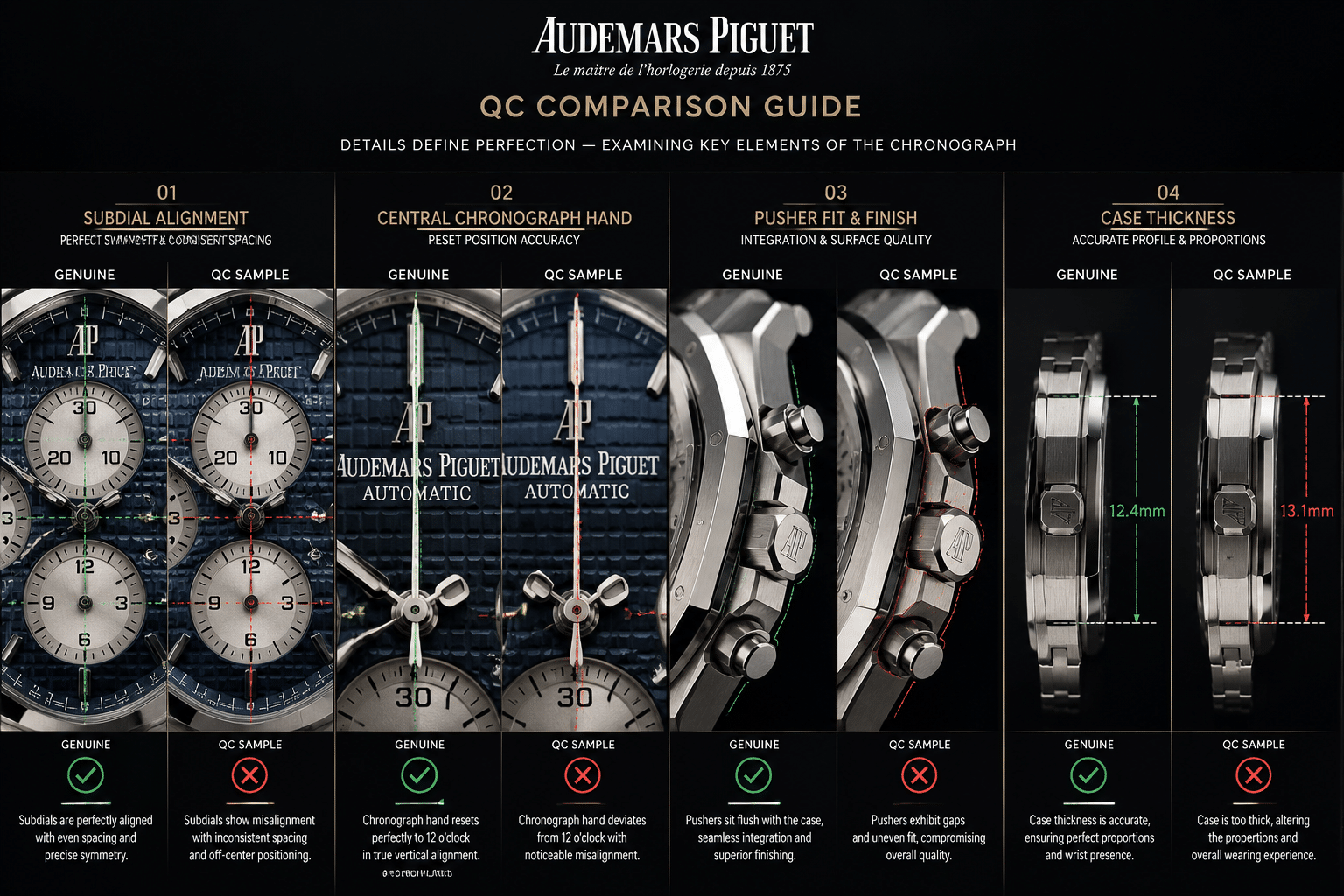 QC-style comparison of AP chronograph subdial alignment, central chronograph hand reset position, pusher fit, and case thickness