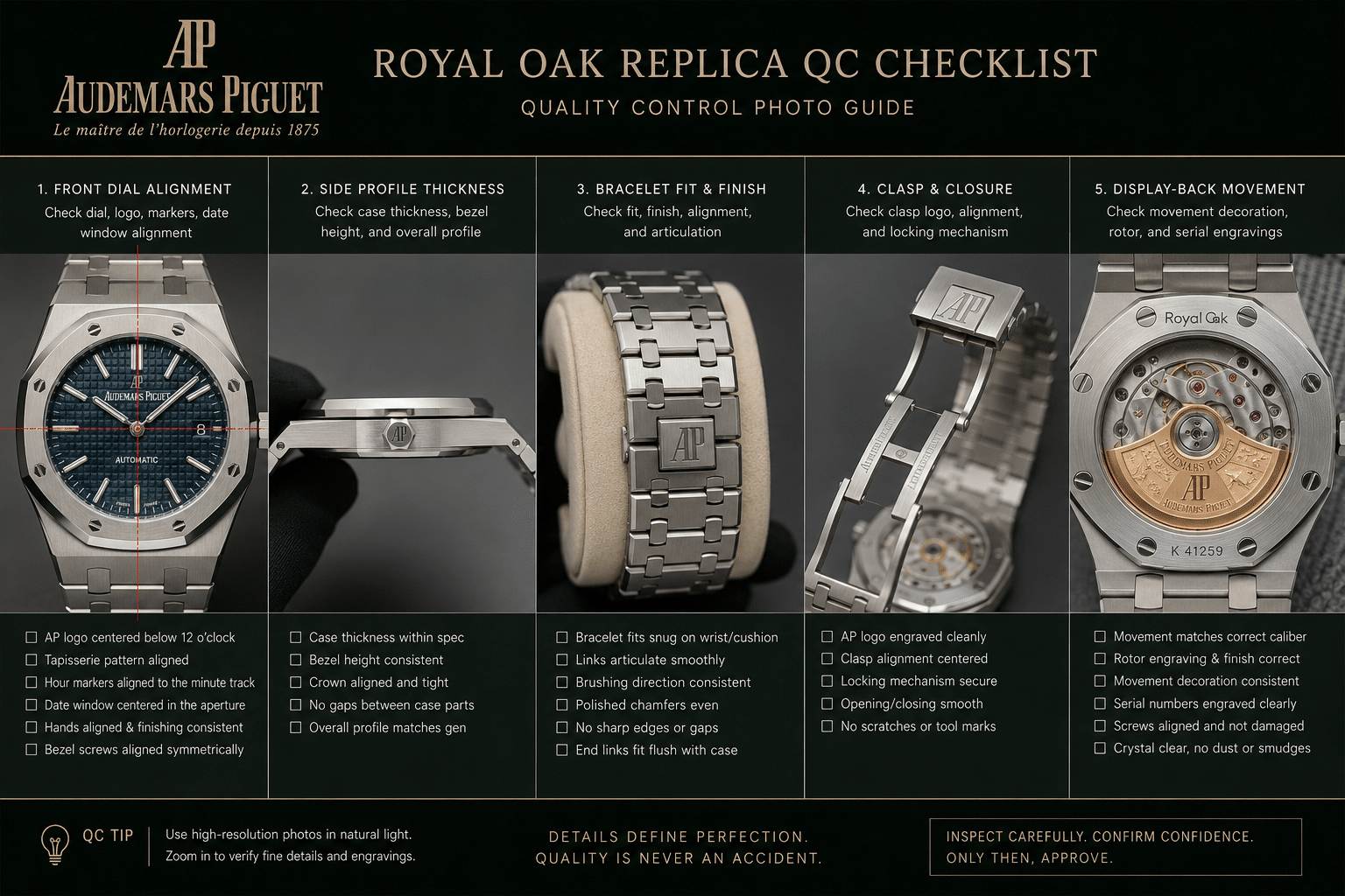 AP Royal Oak replica QC photo checklist showing front dial alignment, side profile thickness, bracelet fit, clasp view, and display-back movement confirmation