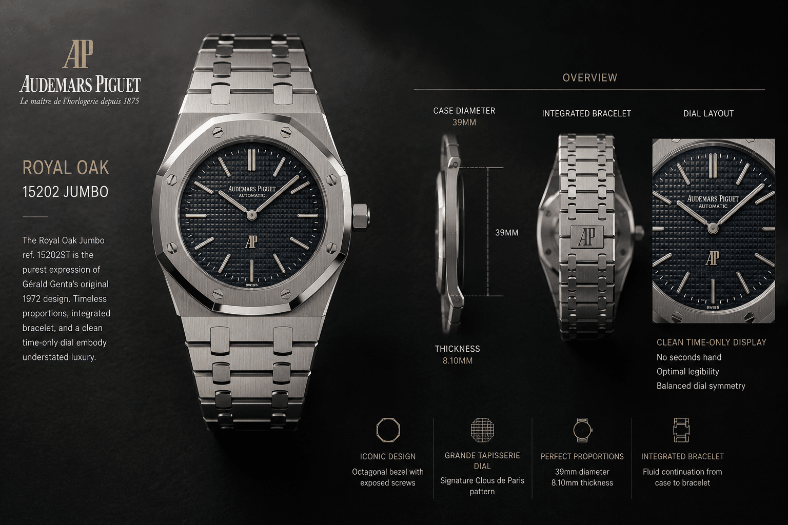 AP Royal Oak 15202 Jumbo replica style overview showing 39mm case proportions, integrated bracelet shape, and clean no-seconds-hand dial layout