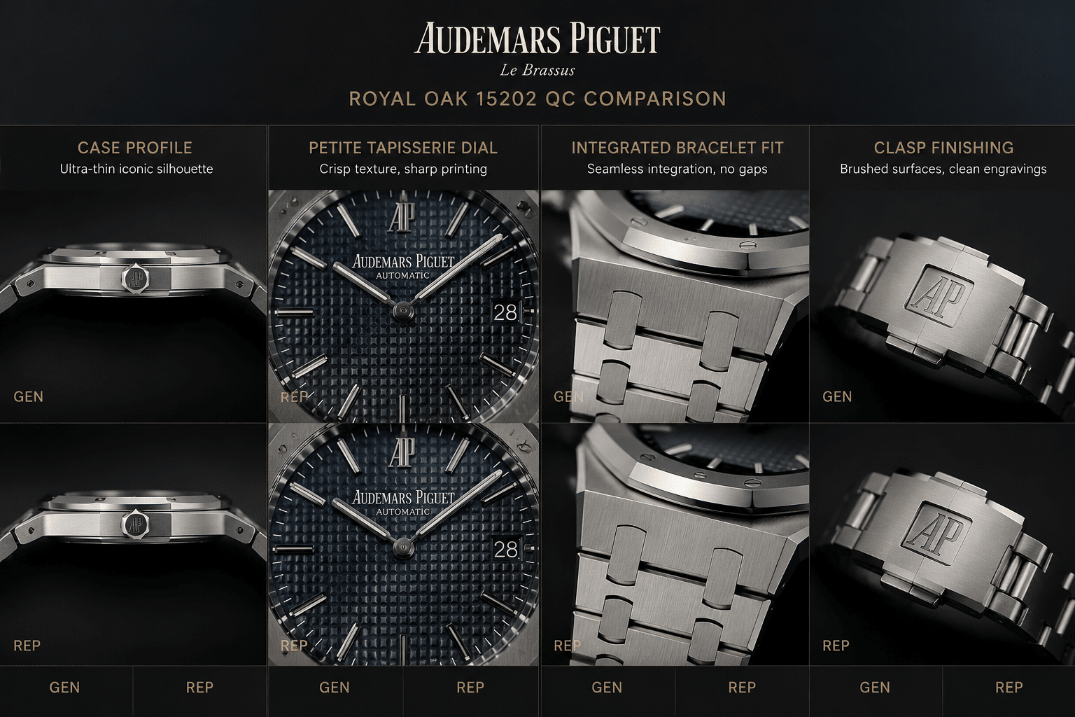 side-by-side QC-style view of Royal Oak 15202 replica case profile, Petite Tapisserie dial texture, integrated bracelet fit, and clasp finishing
