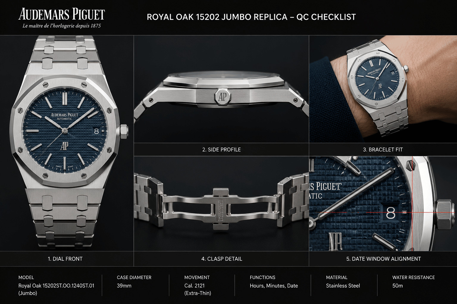 QC photo layout for an AP Royal Oak 15202 Jumbo replica showing dial front, side profile, bracelet fit, clasp detail, and date window alignment