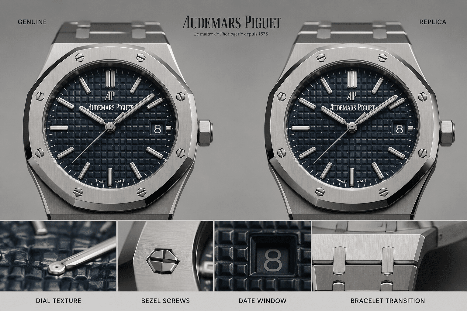 neutral close-up comparison of AP Royal Oak 15500 replica dial texture, bezel screws, date window, and integrated bracelet transition