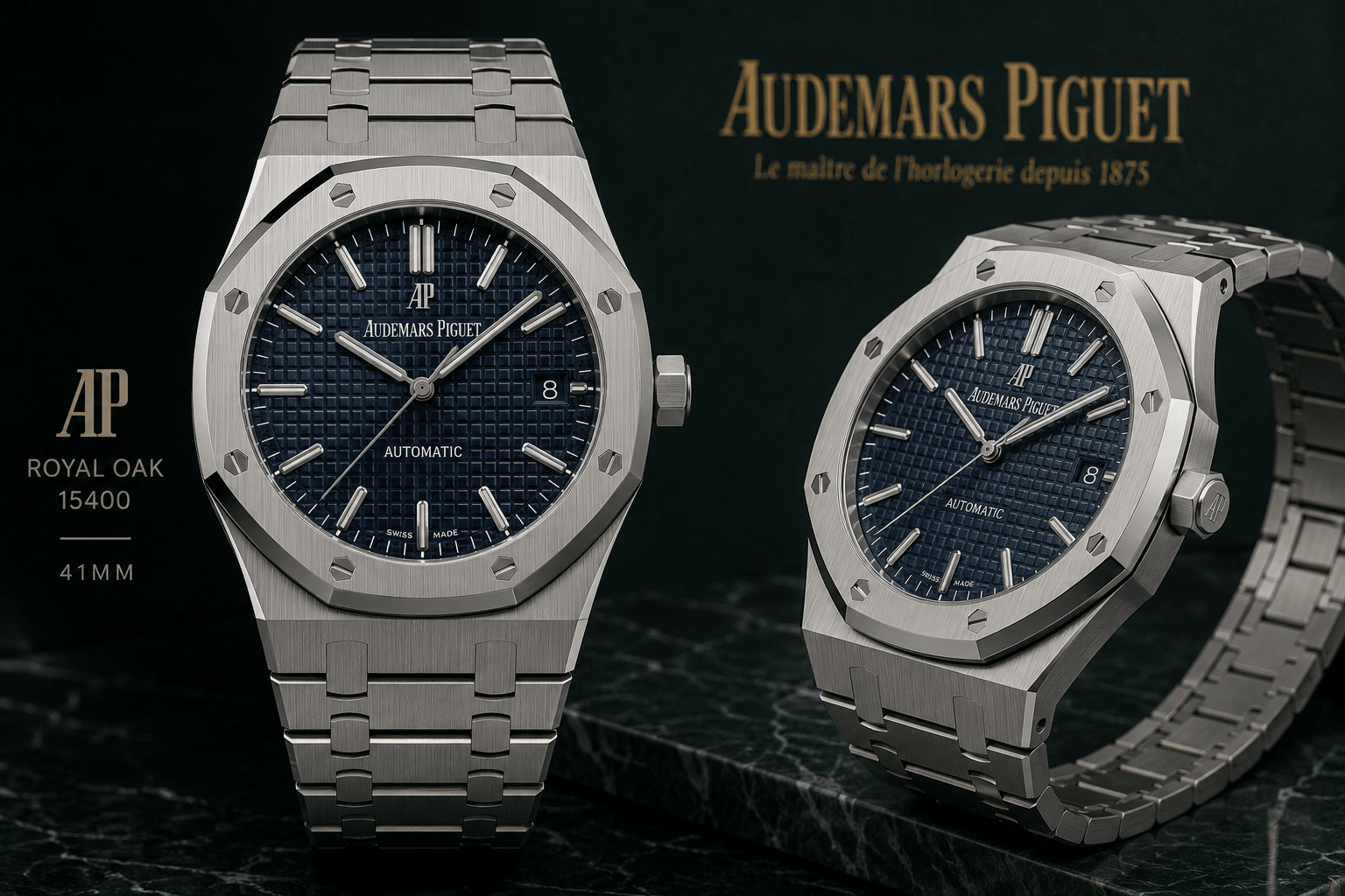 front and angled view of an AP Royal Oak 15400 replica showing 41mm case proportions, AUTOMATIC dial text, date window, and 3 o’clock marker layout