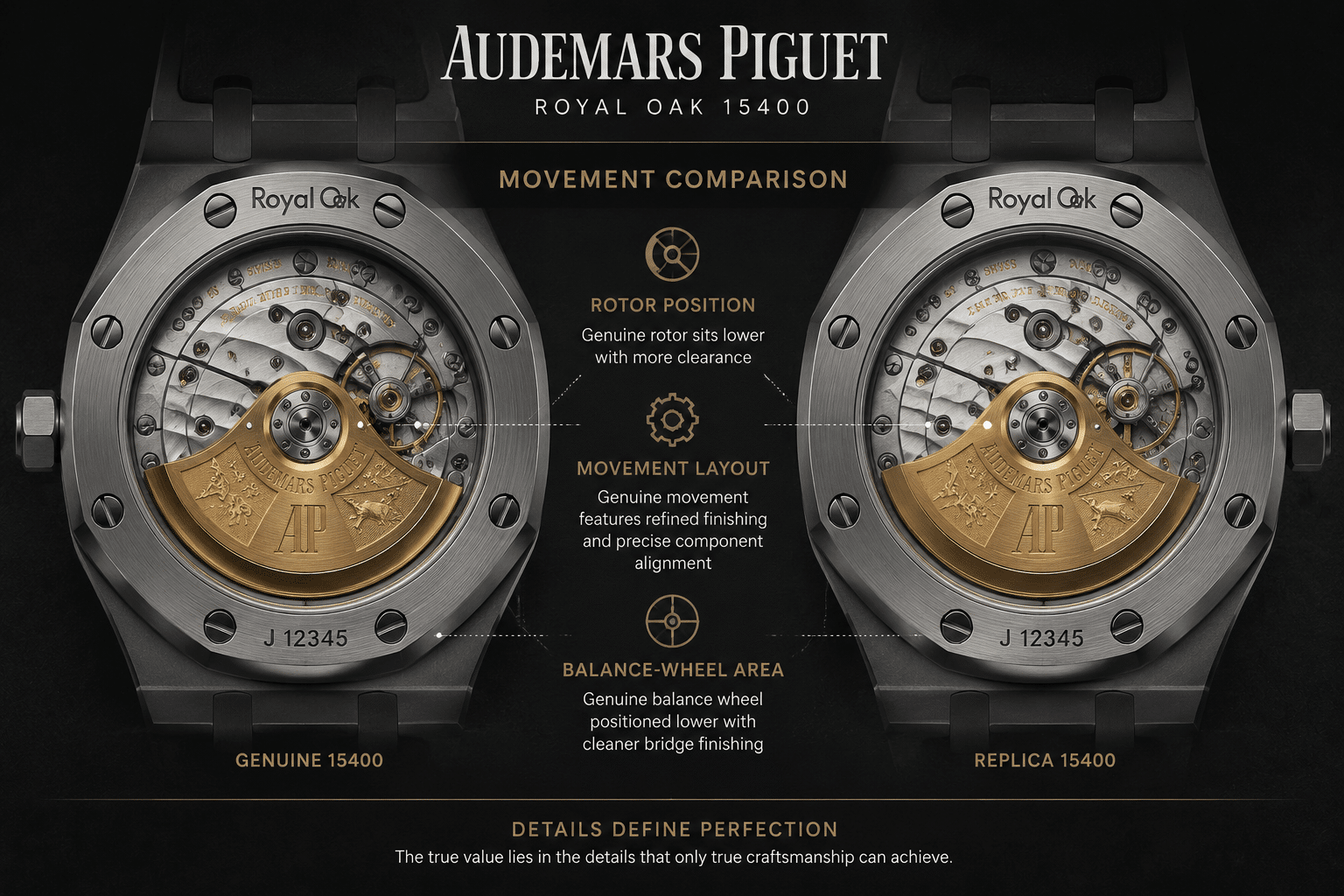 display caseback comparison concept showing movement layout, rotor position, and balance-wheel area on an AP Royal Oak 15400 replica