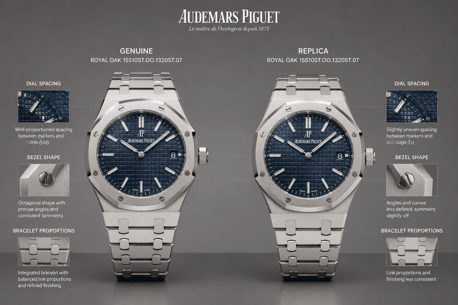 front view comparison concept showing Royal Oak 15510 replica dial spacing, bezel shape, and integrated bracelet proportions under neutral lighting