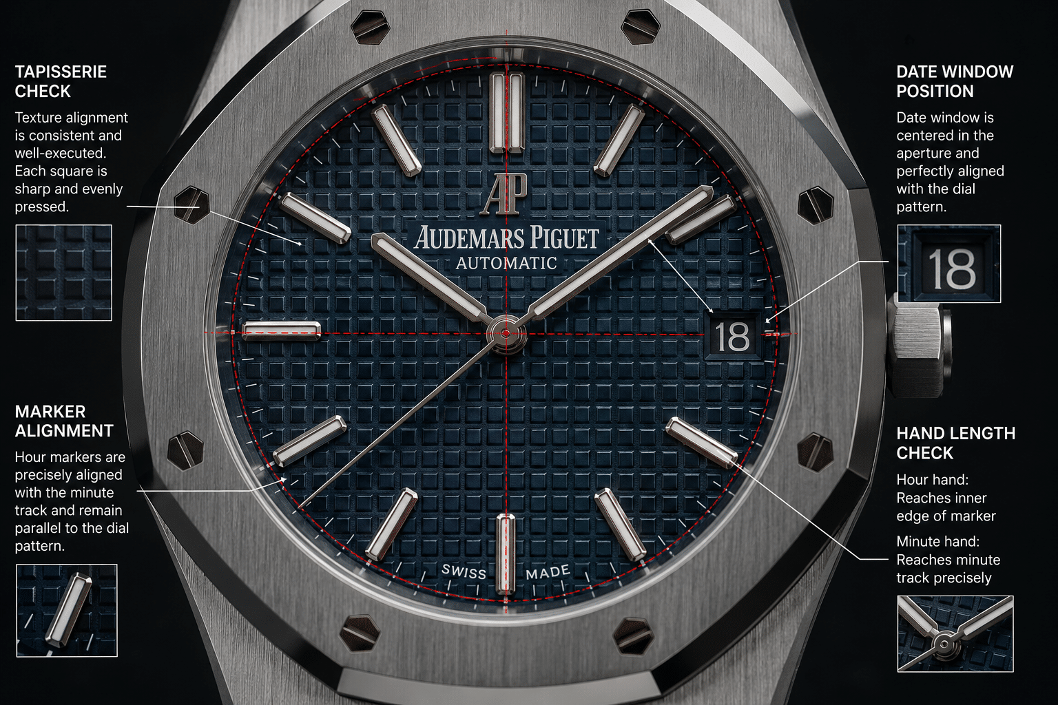 close-up QC-style view of a Royal Oak 15510 replica dial showing tapisserie texture, marker alignment, date window position, and hand length