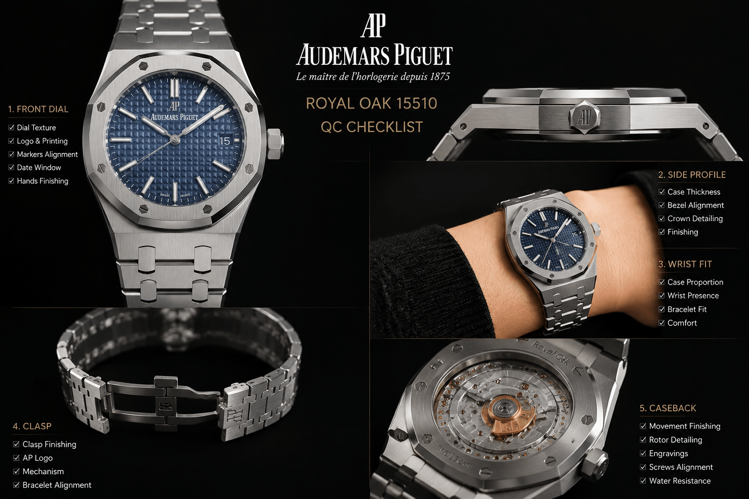 QC photo layout for an AP Royal Oak 15510 replica showing front dial, side profile, bracelet fit, clasp, and caseback movement-view checkpoints