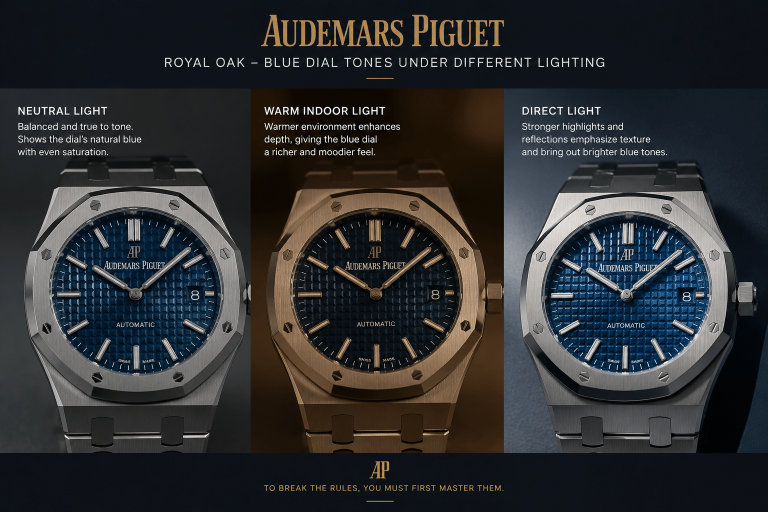 side-by-side visual planning image showing blue Royal Oak replica dial tones under neutral light, warm indoor light, and direct light