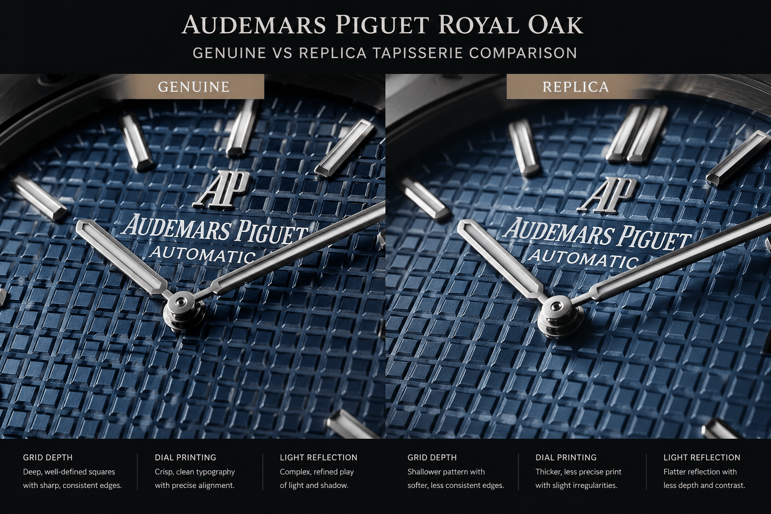 Close-up comparison of blue Royal Oak replica tapisserie texture showing grid depth, dial printing, and light reflection