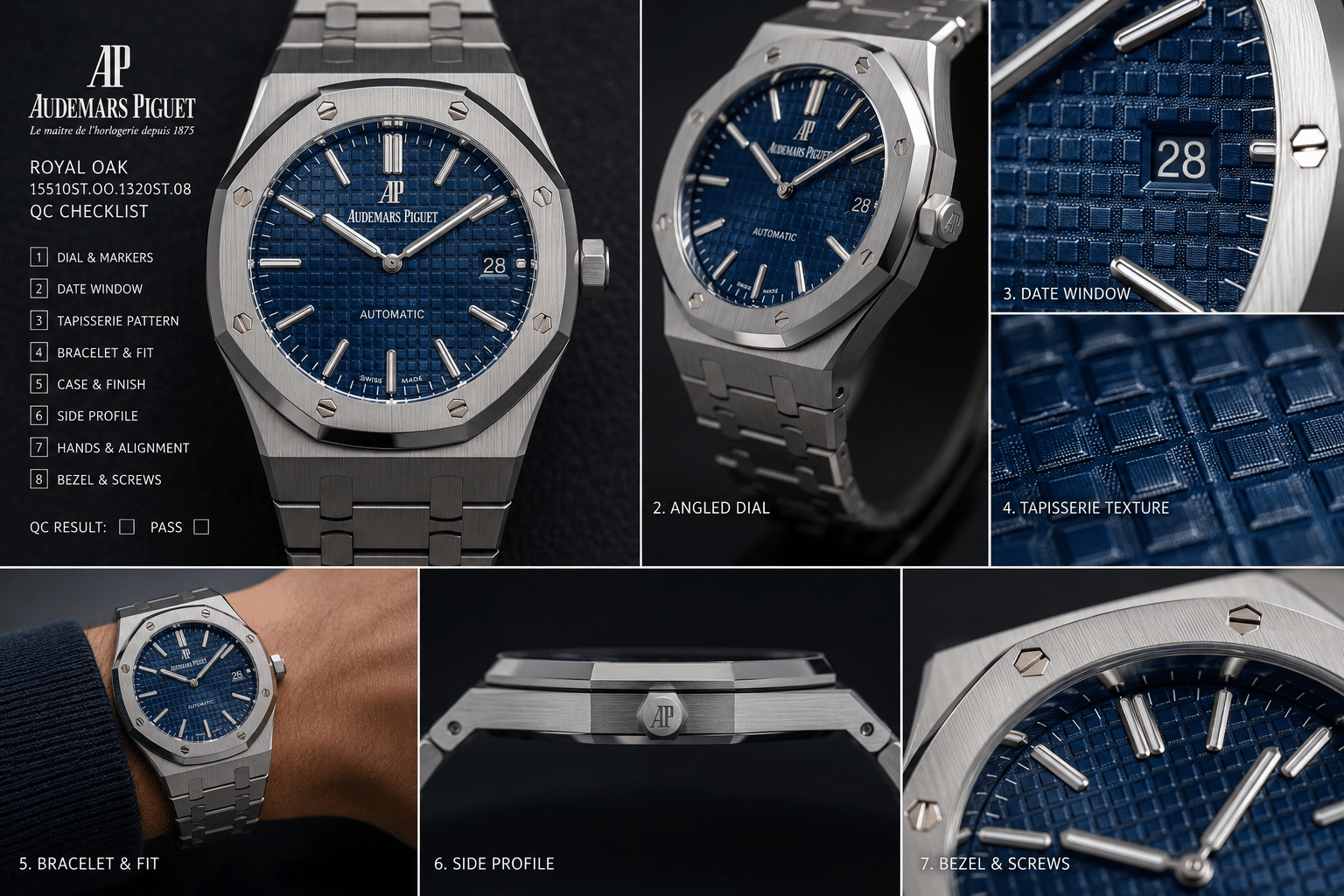 QC photo layout for a blue AP Royal Oak replica showing front dial, angled dial, date window, tapisserie texture, bracelet fit, and side profile checks
