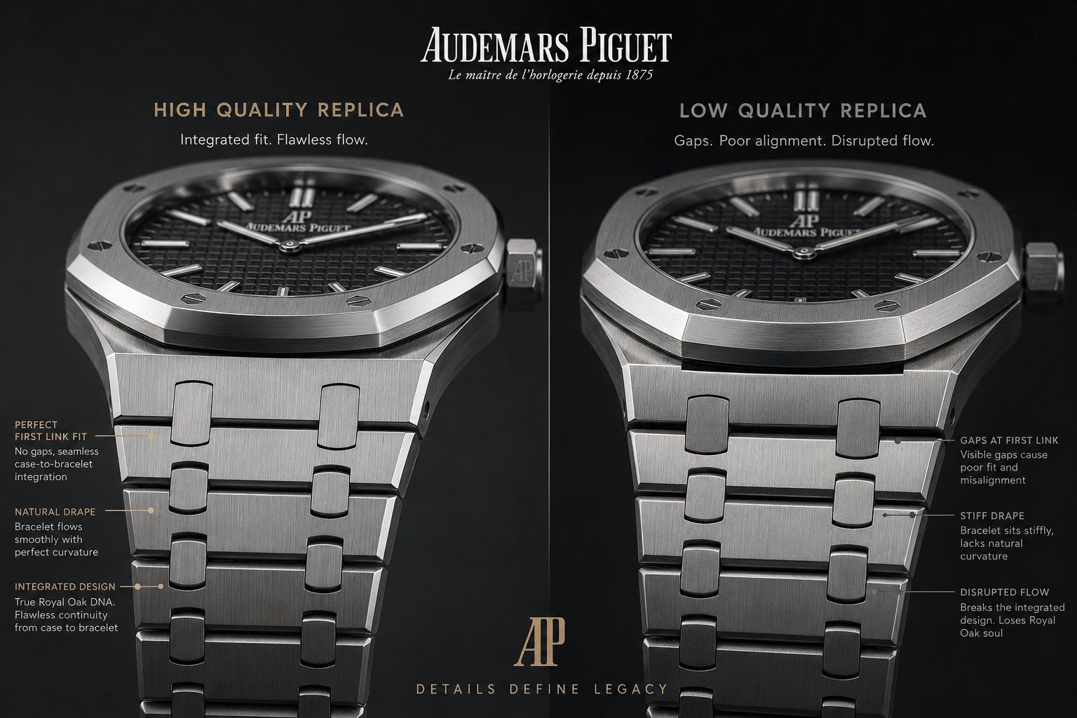 side-by-side view of Royal Oak replica case-to-bracelet transition showing first link fit, bracelet drape, and integrated case flow