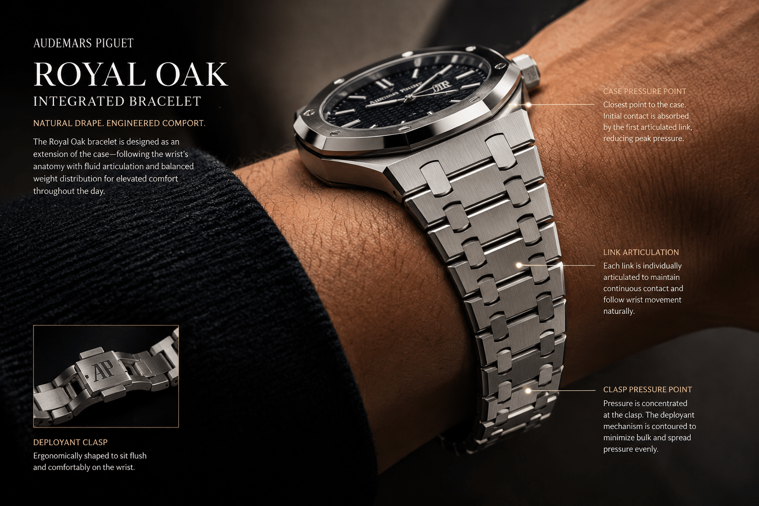wrist view of Royal Oak replica bracelet showing natural drape, link articulation, and pressure points near the case and clasp