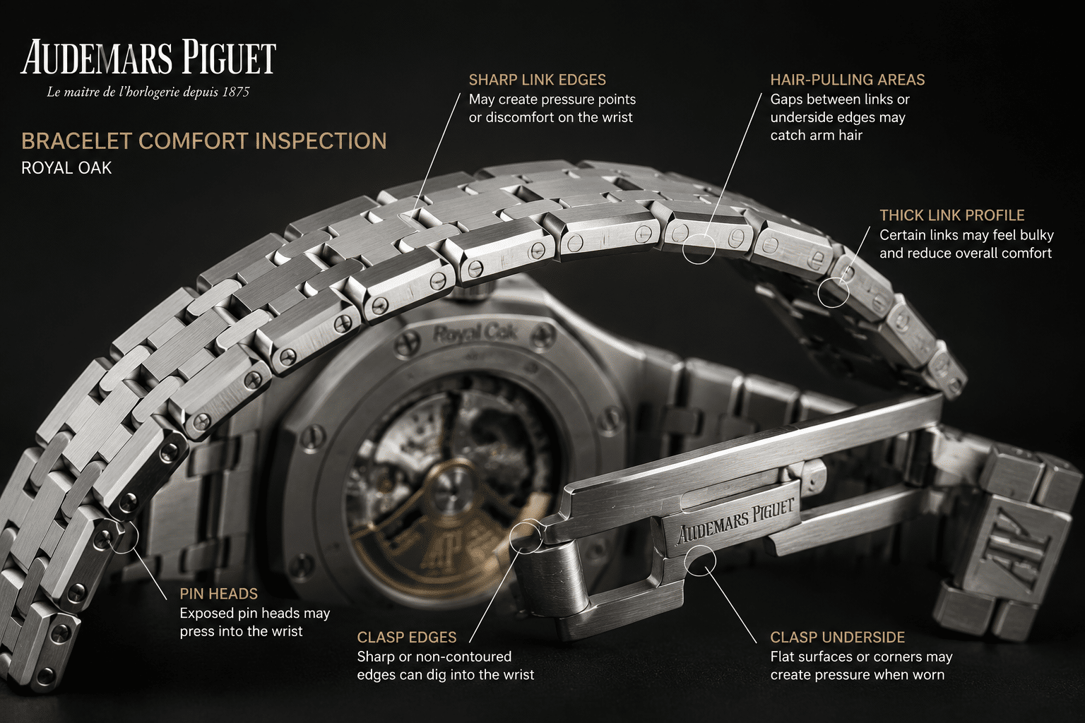 close-up Royal Oak replica bracelet comfort inspection showing link edges, clasp underside, and areas that may create wrist pressure or hair-pulling