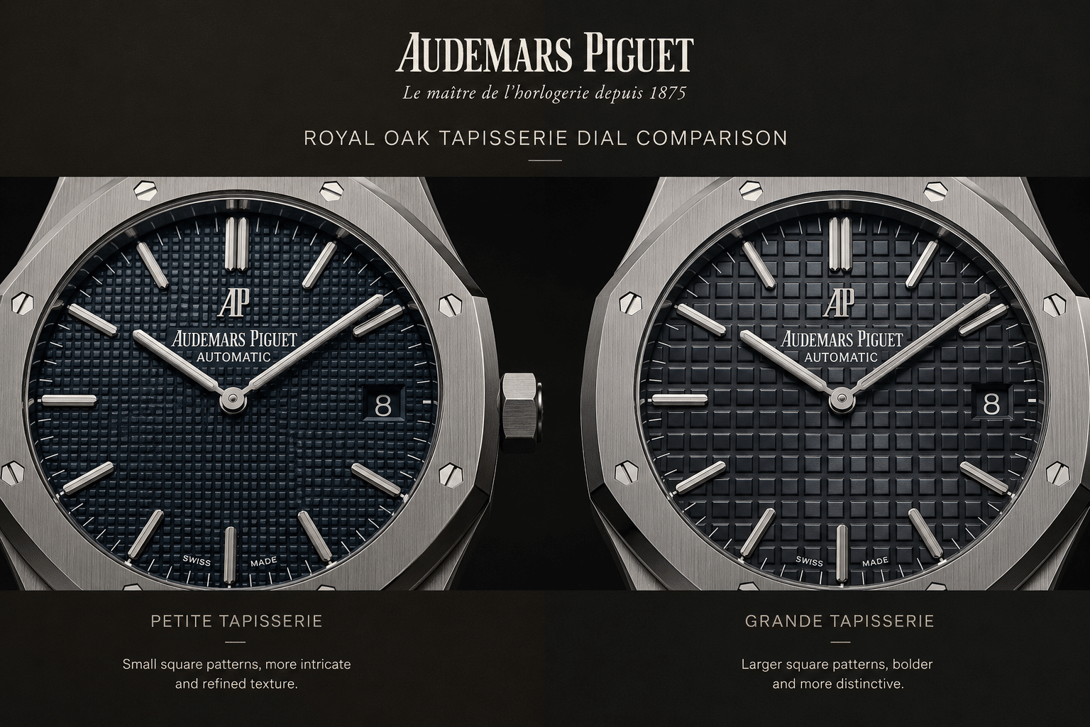 side-by-side AP Royal Oak replica dial comparison showing finer Petite Tapisserie and larger Grande Tapisserie square patterns