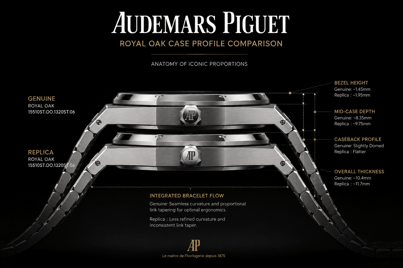 side profile comparison of AP Royal Oak replica case thickness showing bezel height, mid-case depth, caseback shape, and integrated bracelet flow