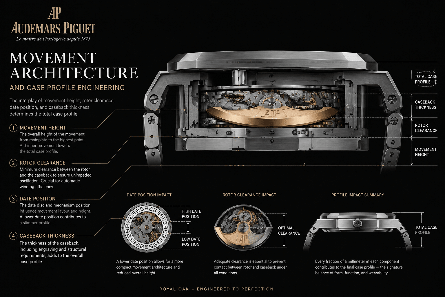 AP Royal Oak replica movement architecture diagram showing how movement height, rotor clearance, date position, and caseback thickness affect total case profile