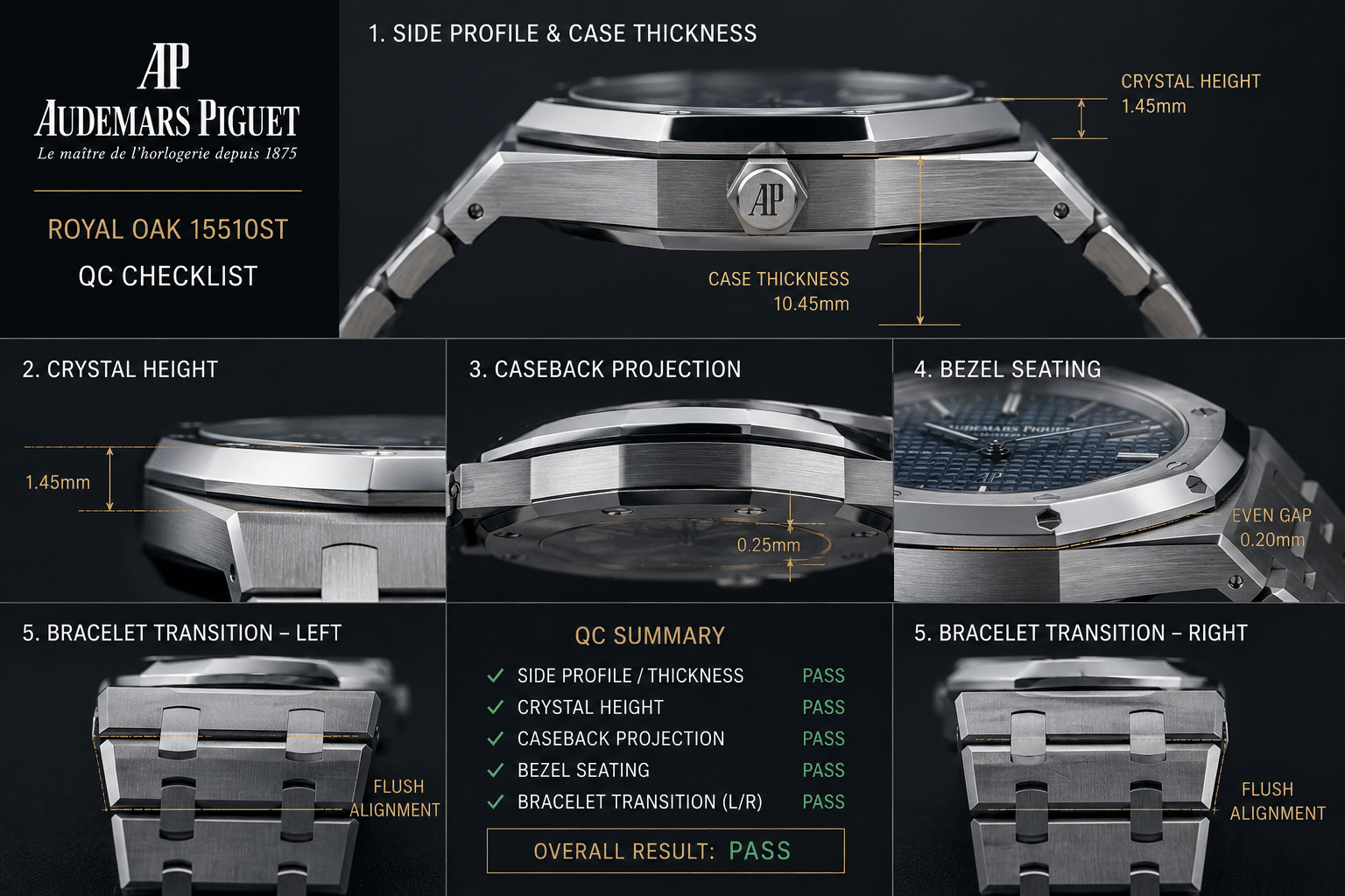 AP Royal Oak replica QC photo layout showing side profile, crystal height, caseback projection, bezel seating, and bracelet transition checks
