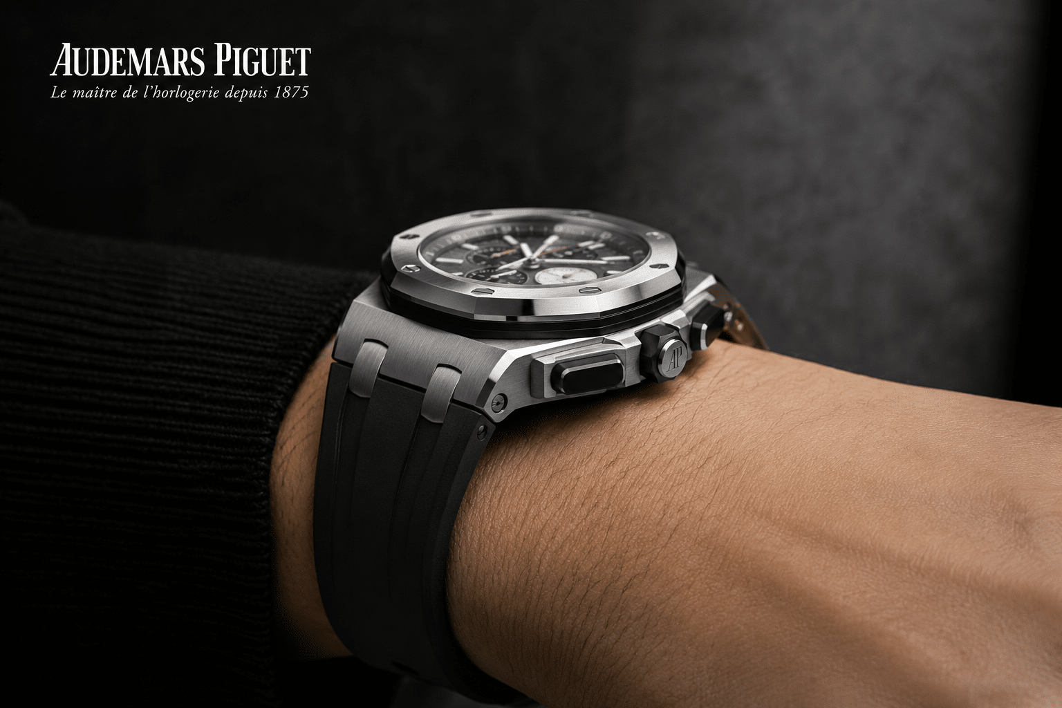 side profile of a Royal Oak Offshore chronograph replica showing thick case construction, chronograph pushers, rubber strap fit, and wrist presence