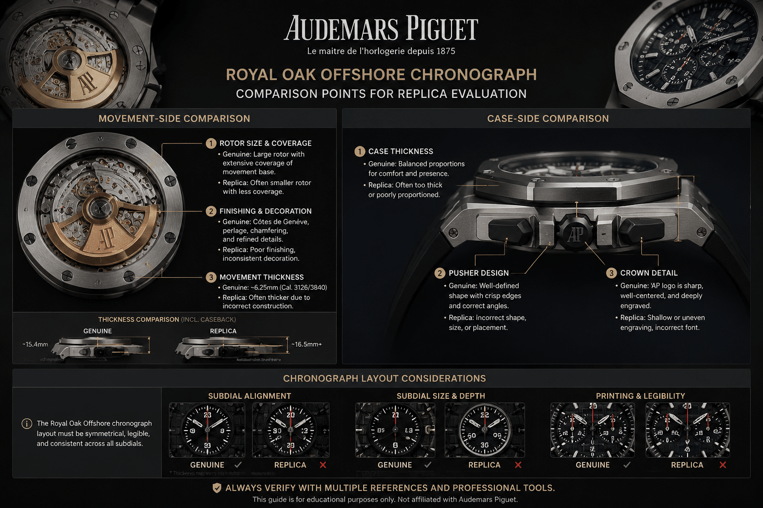 movement-side and case-side comparison points for a Royal Oak Offshore chronograph replica showing thickness, rotor area, and chronograph layout considerations