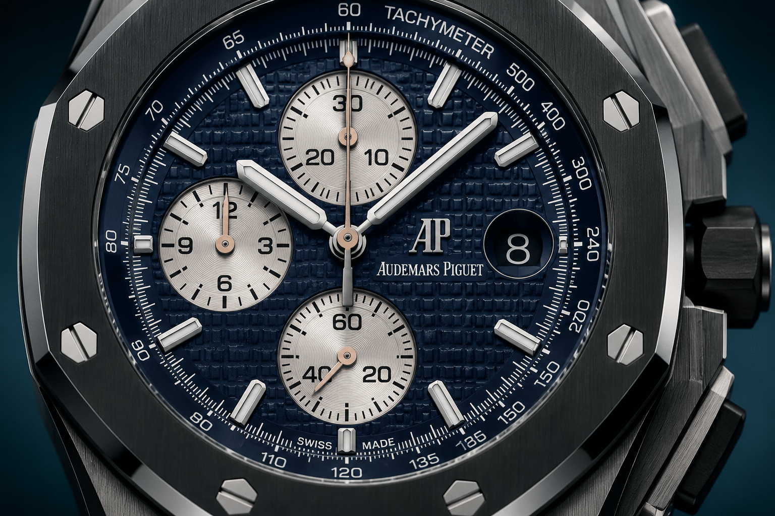 close-up of Royal Oak Offshore chronograph replica dial showing subdial spacing, date window alignment, printed scales, and hand positioning