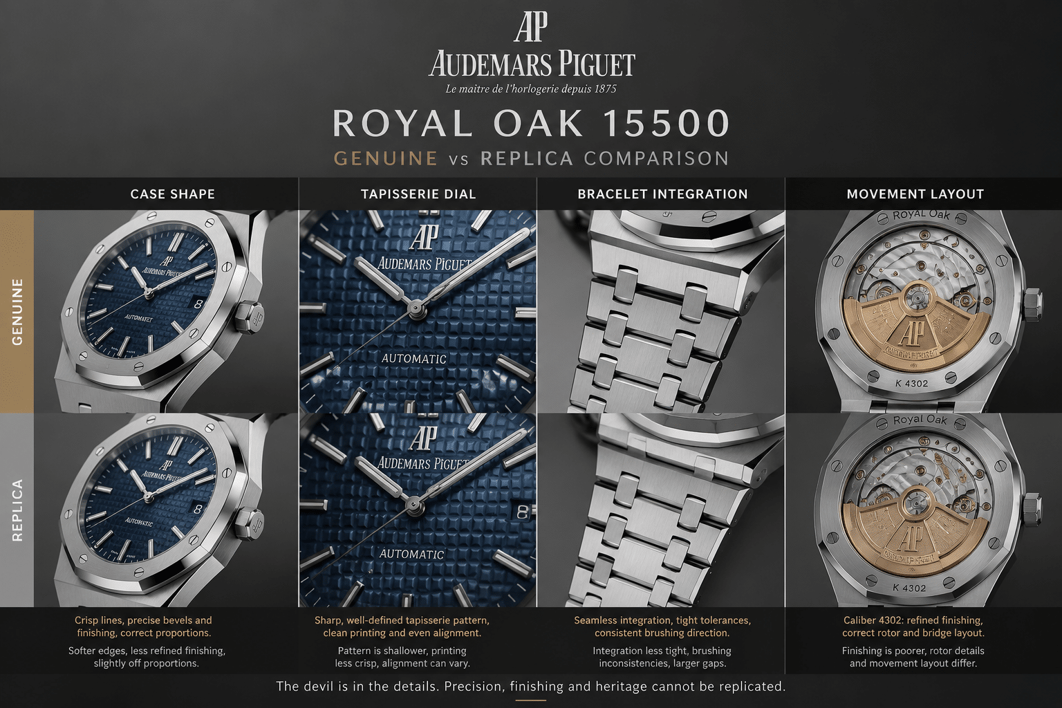 side-by-side AP 15500 replica comparison showing case shape, tapisserie dial texture, bracelet integration, and display-back movement layout