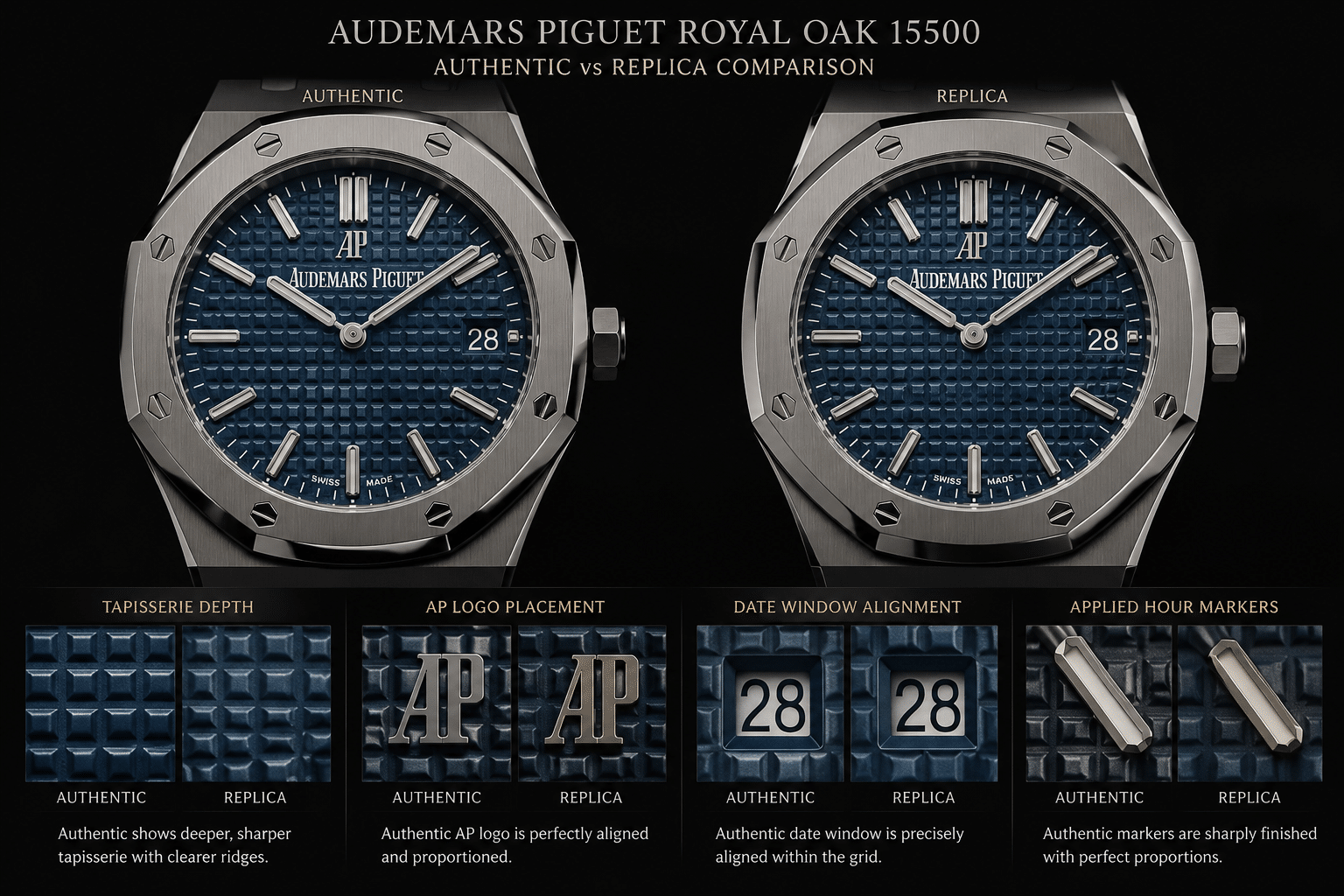close-up AP 15500 replica dial comparison showing tapisserie depth, AP logo placement, date window alignment, and applied hour markers