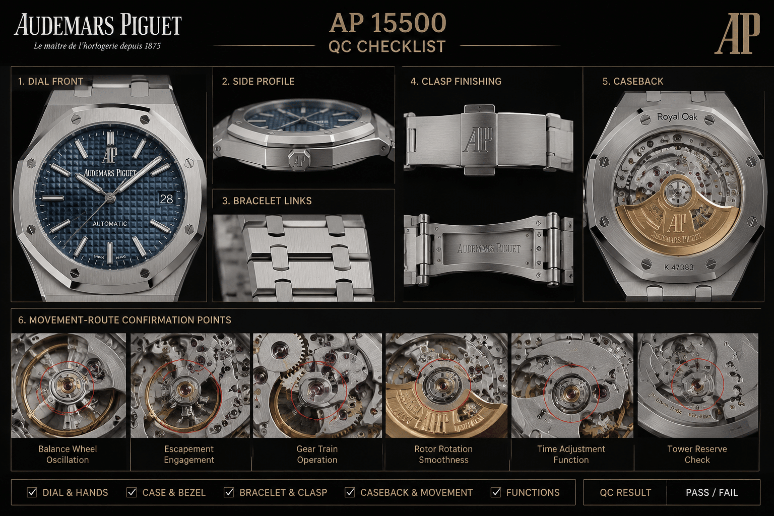 AP 15500 replica QC photo layout showing dial front, side profile, bracelet links, clasp finishing, caseback, and movement-route confirmation points