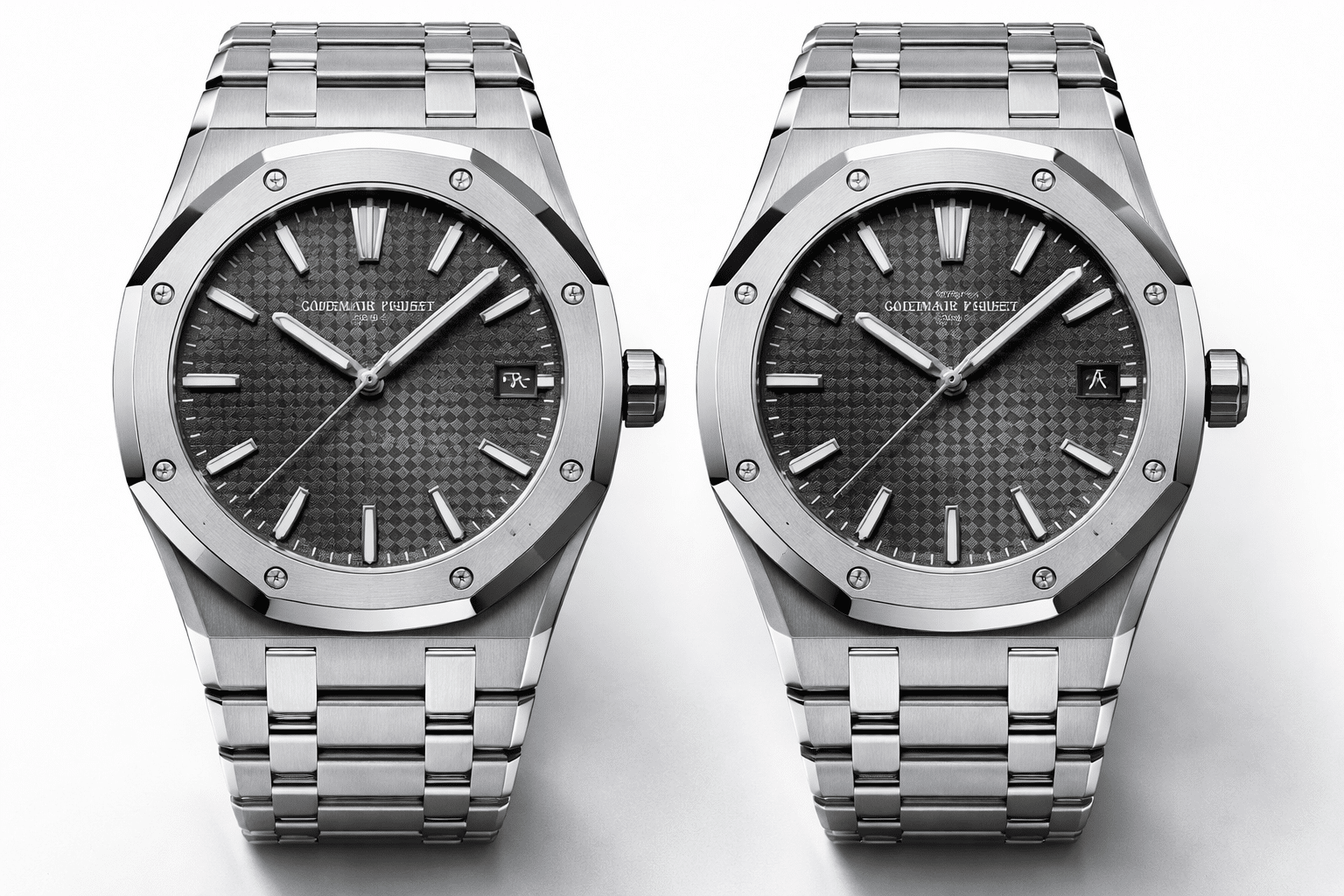 side-by-side AP 15500 replica comparison showing dial texture, case bevels, bracelet brushing, and clasp finishing under neutral lighting