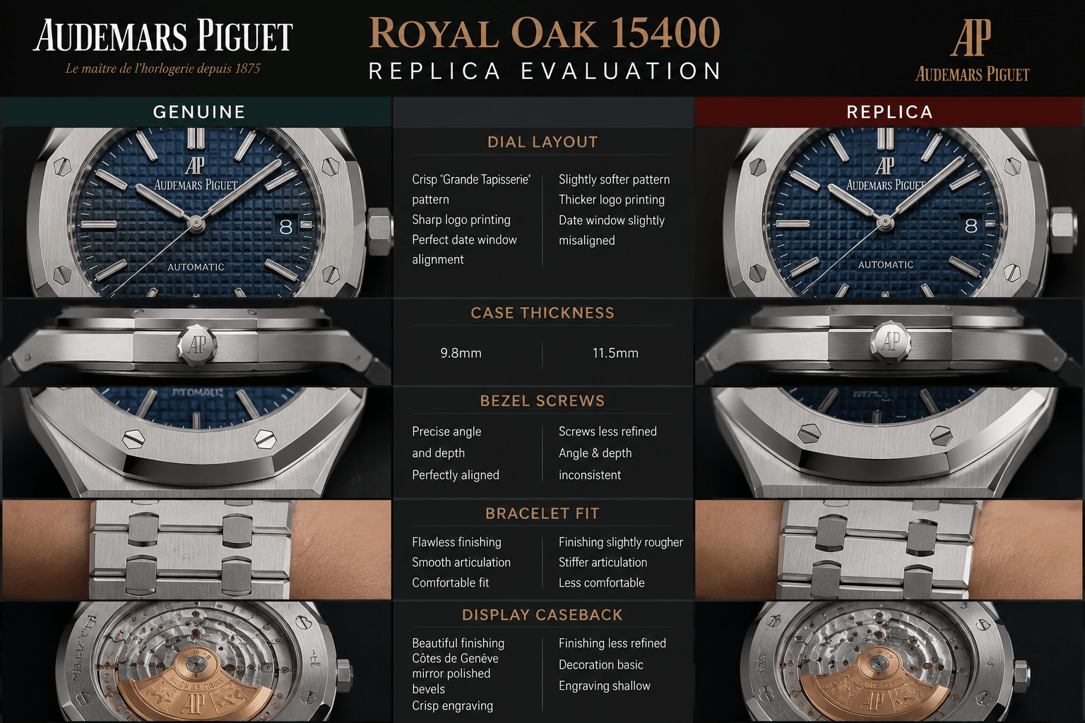 side-by-side AP Royal Oak 15400 replica evaluation view showing dial layout, case thickness, bezel screws, bracelet fit, and display caseback details
