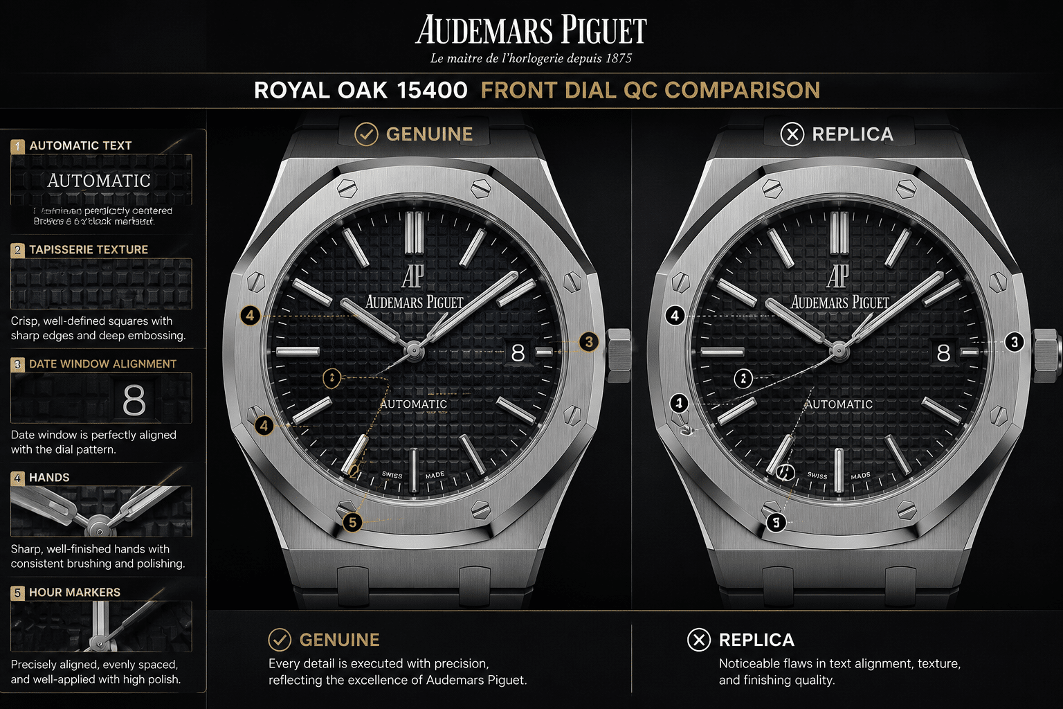 front dial QC comparison of AP Royal Oak 15400 replica showing AUTOMATIC text position, tapisserie texture, date window alignment, hands, and hour markers