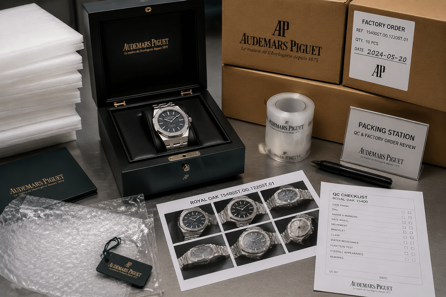 B2B watch packing station with AP Royal Oak 15400 QC photos, protective foam sheets, bubble wrap, plastic film, and corrugated shipping boxes arranged for factory order review