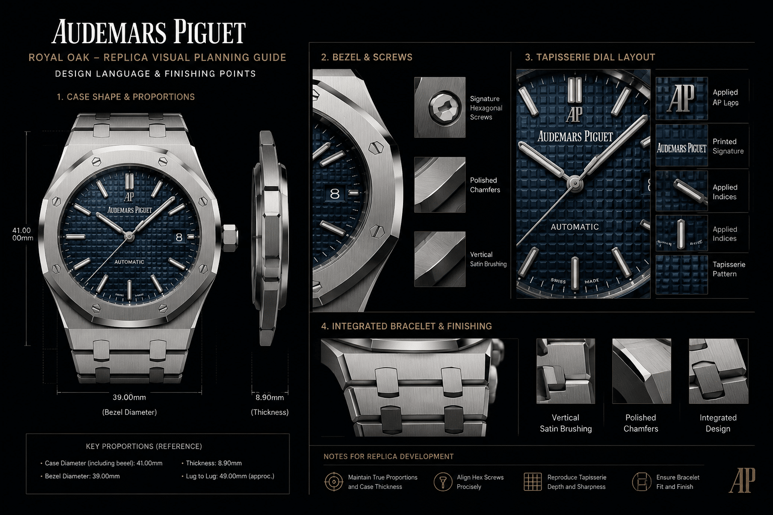 side-by-side visual planning image showing AP Royal Oak replica case shape, bezel screws, tapisserie dial layout, and integrated bracelet finishing points