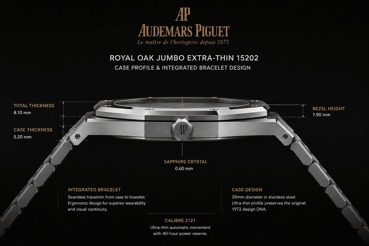 side profile comparison showing the thin Royal Oak Jumbo case shape, bezel height, and integrated bracelet transition on an AP 15202 replica