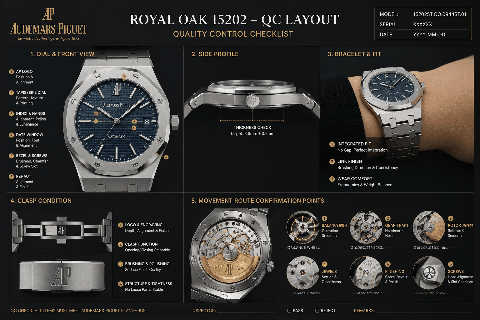 AP Royal Oak 15202 replica QC layout showing front dial, side profile, bracelet fit, clasp condition, and movement-route confirmation points