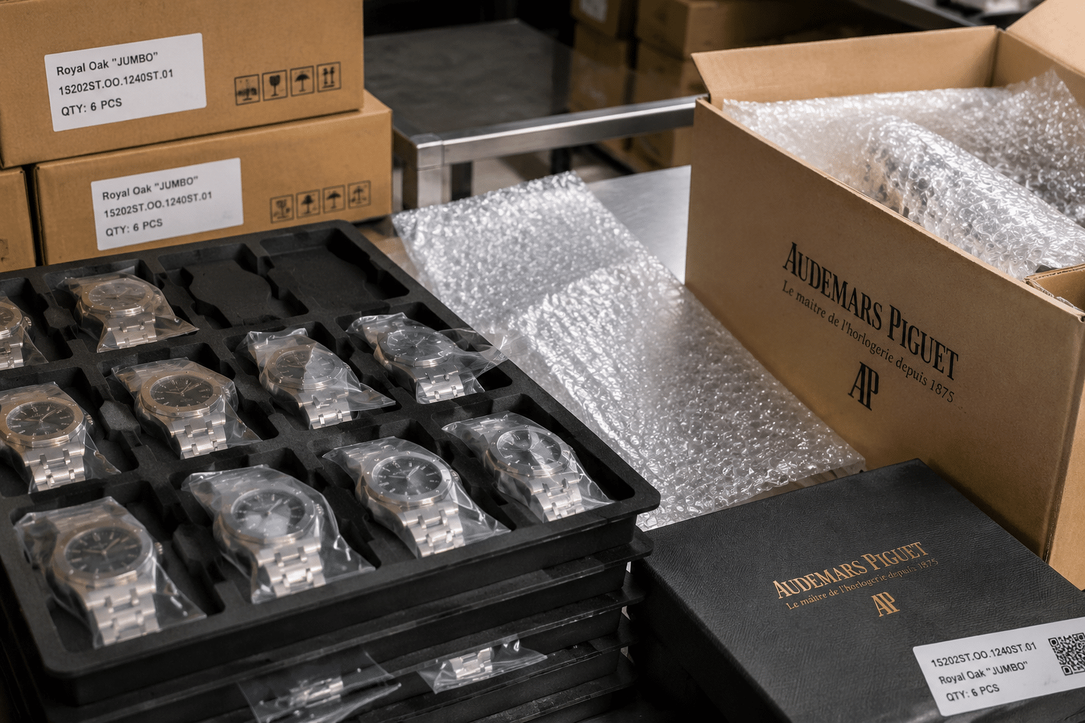 realistic B2B packaging scene showing AP Royal Oak 15202 replica QC trays with protective foam, plastic film, bubble wrap, and corrugated shipping boxes