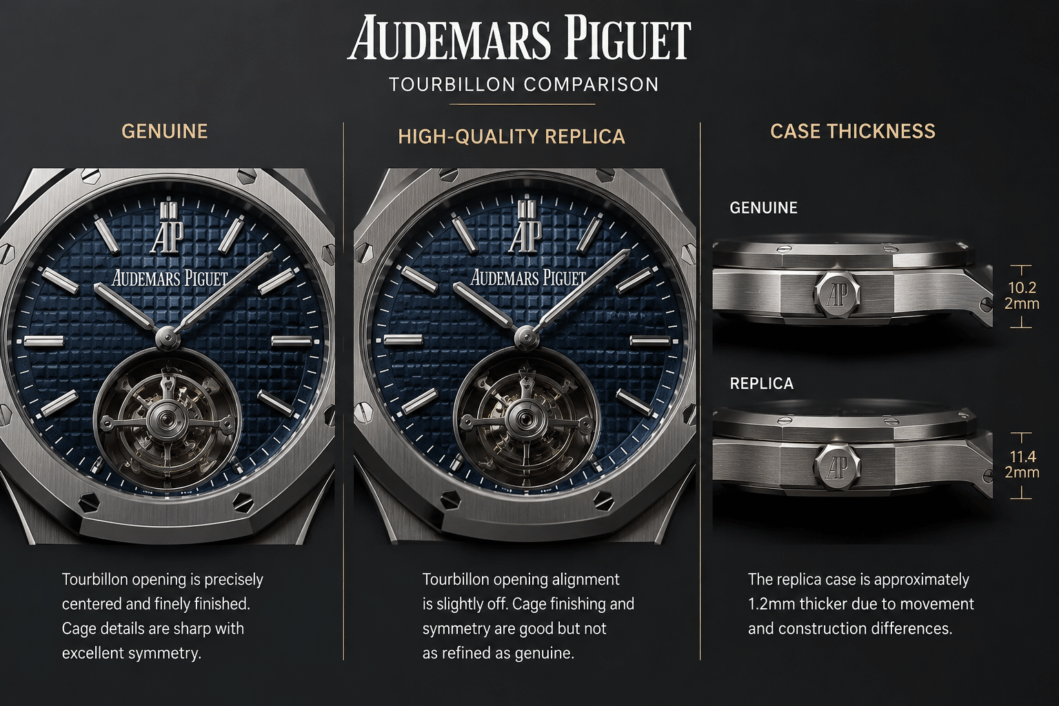 close-up comparison of AP tourbillon replica dial opening, cage visibility, and case thickness under neutral lighting
