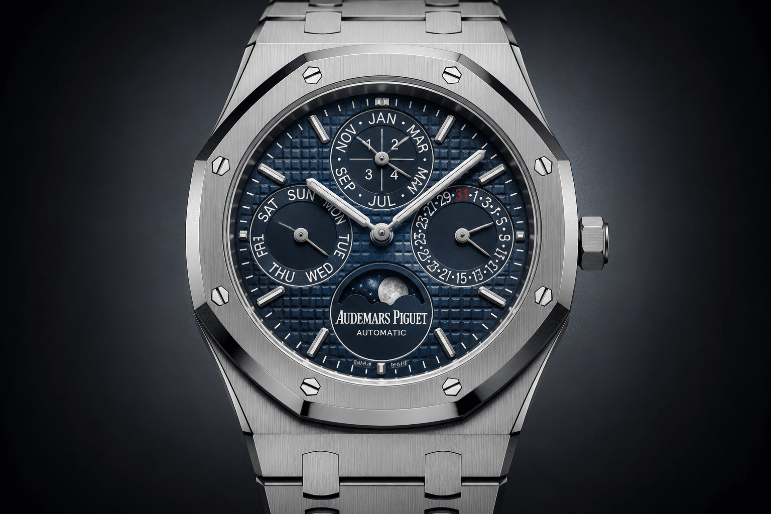 front-view AP perpetual calendar replica showing subdial layout, calendar indications, and display symmetry