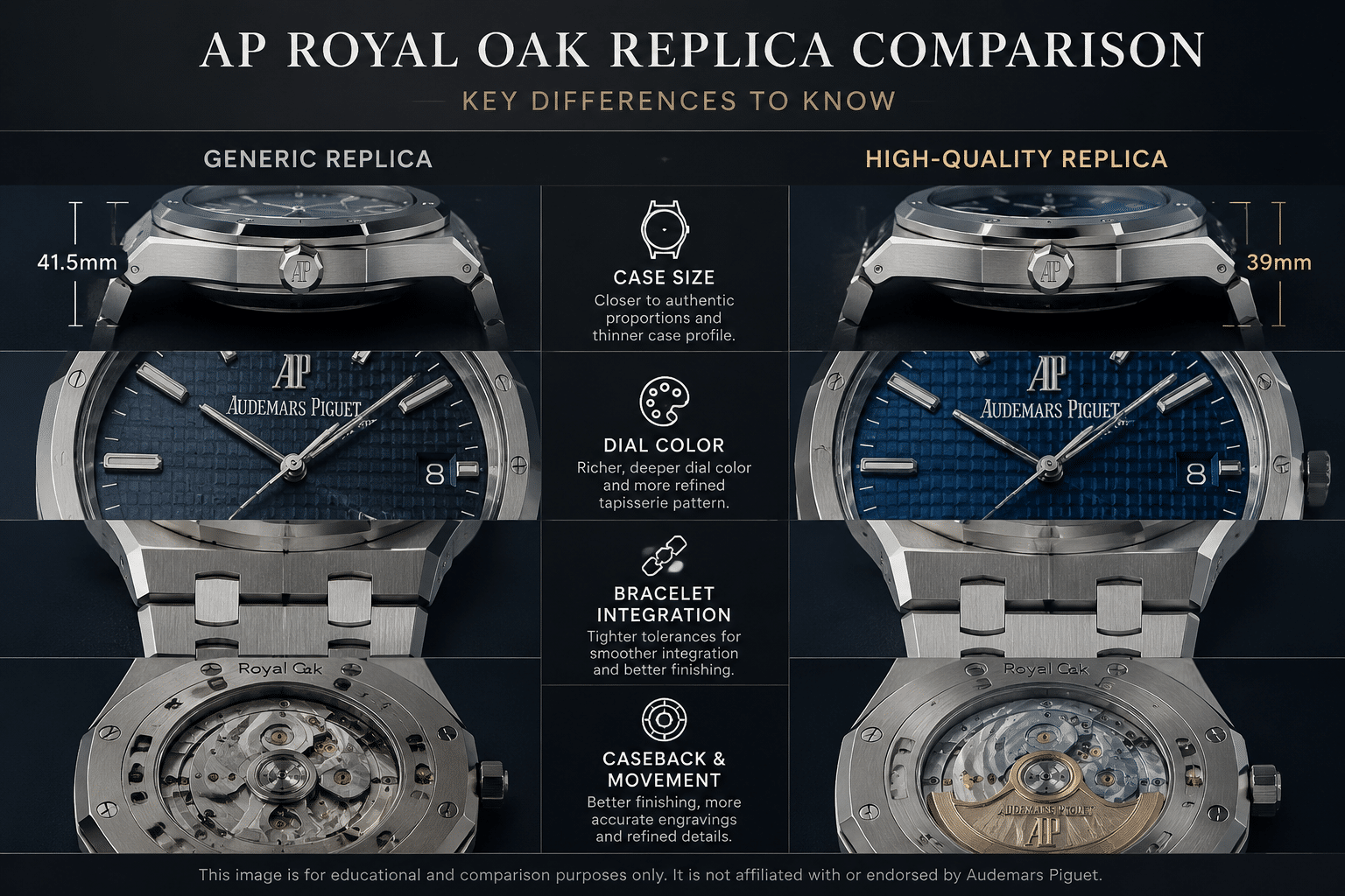 AP Royal Oak replica comparison layout showing case size, dial color, bracelet integration, and caseback differences without implying genuine brand authorization