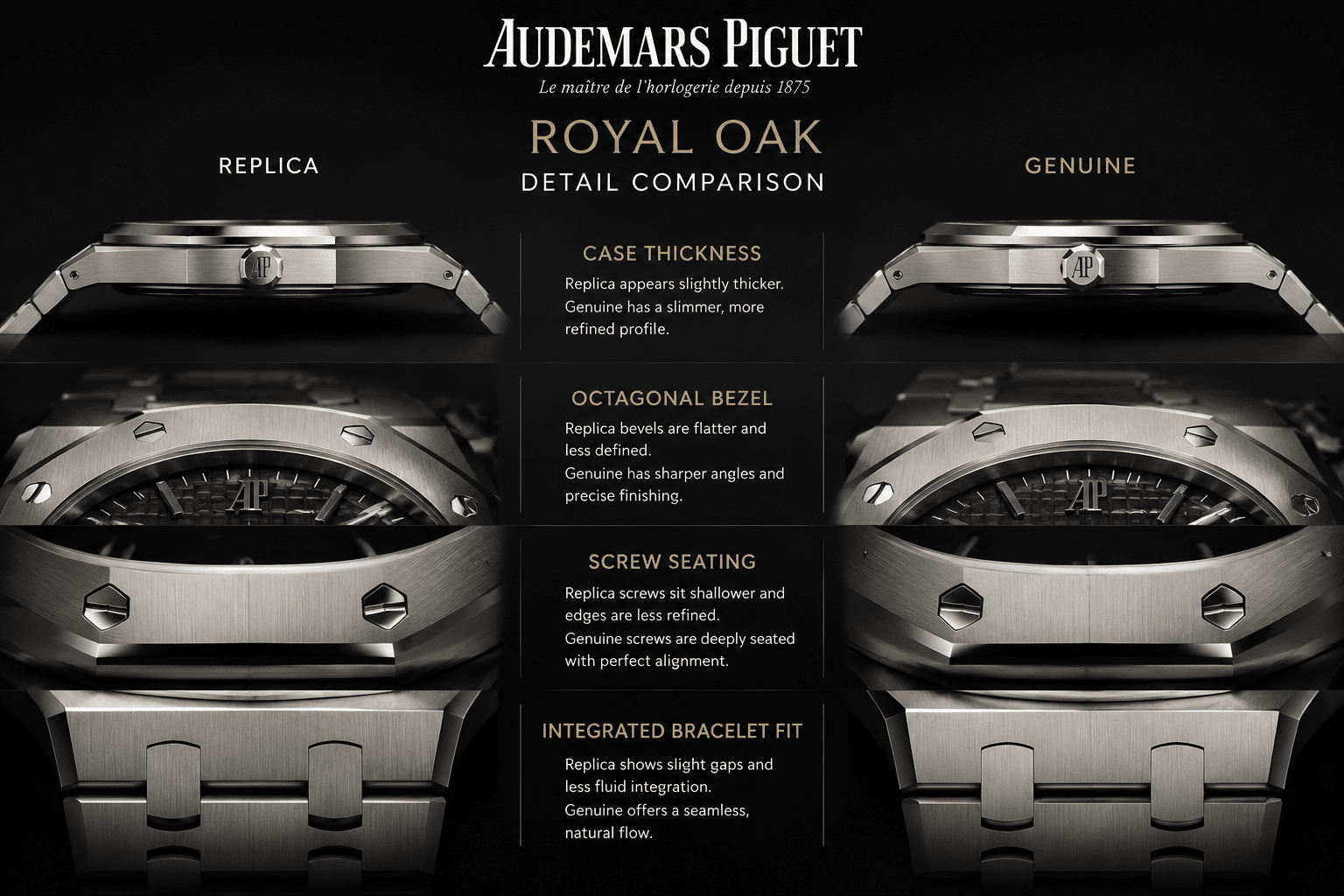 side profile comparison of AP Royal Oak replica case thickness, octagonal bezel shape, screw seating, and integrated bracelet fit